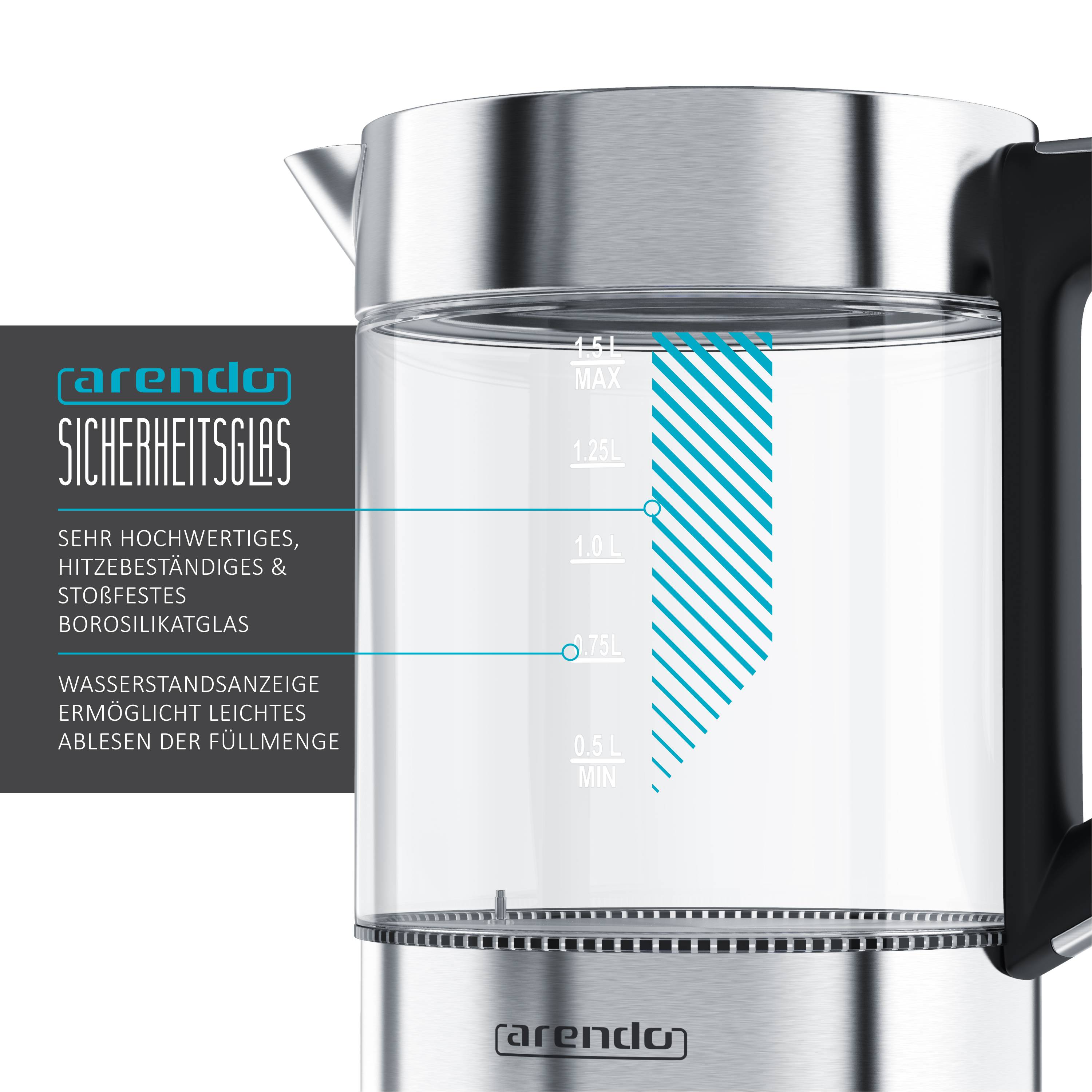 Arendo Wasserkocher 1,5 l, 2200 W, Glas und Edelstahl mit Basisstation, Temperaturwahl 70° C-100° C, Wasserstandsanzeige