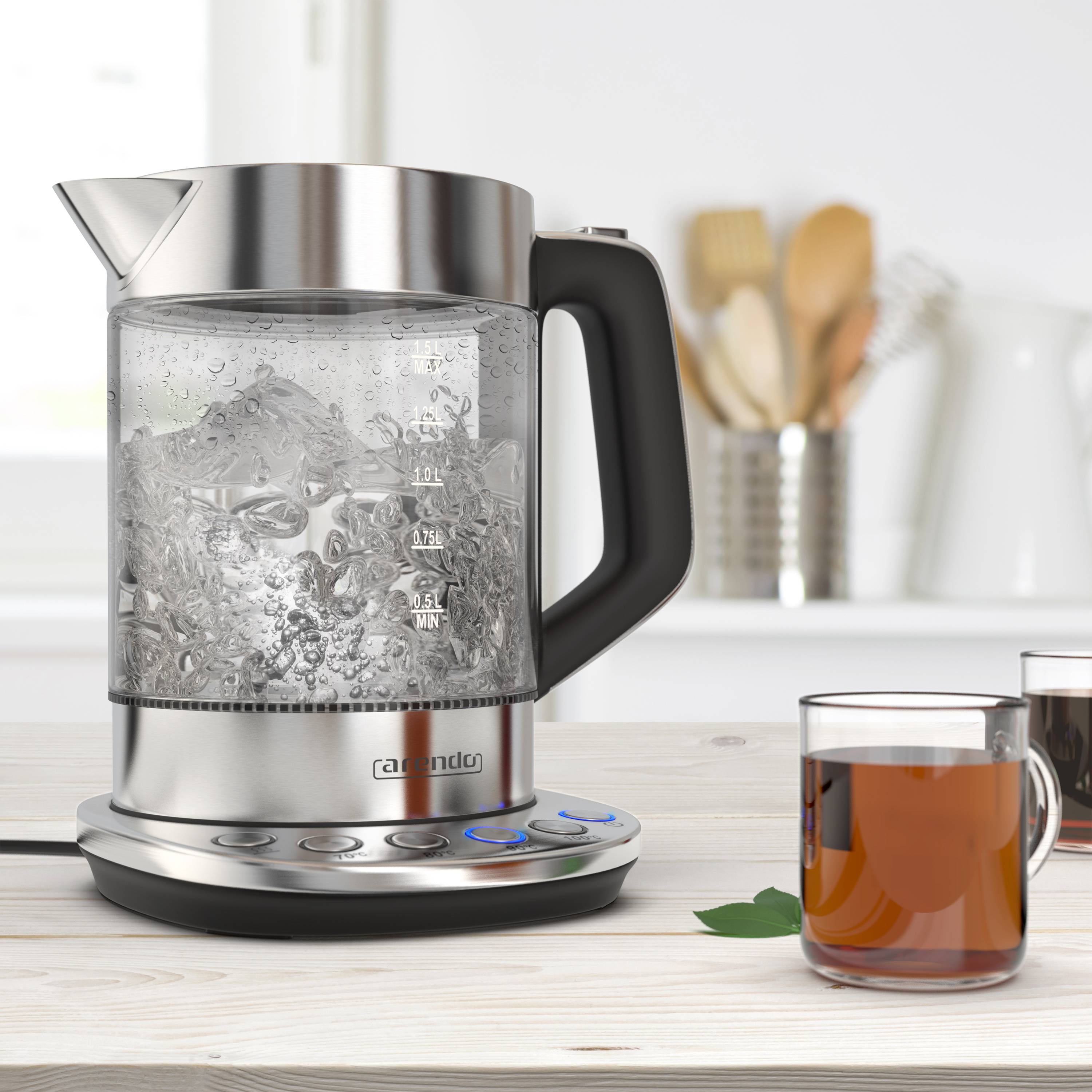 Arendo Wasserkocher 1,5 l, 2200 W, Glas und Edelstahl mit Basisstation, Temperaturwahl 70° C-100° C, Wasserstandsanzeige