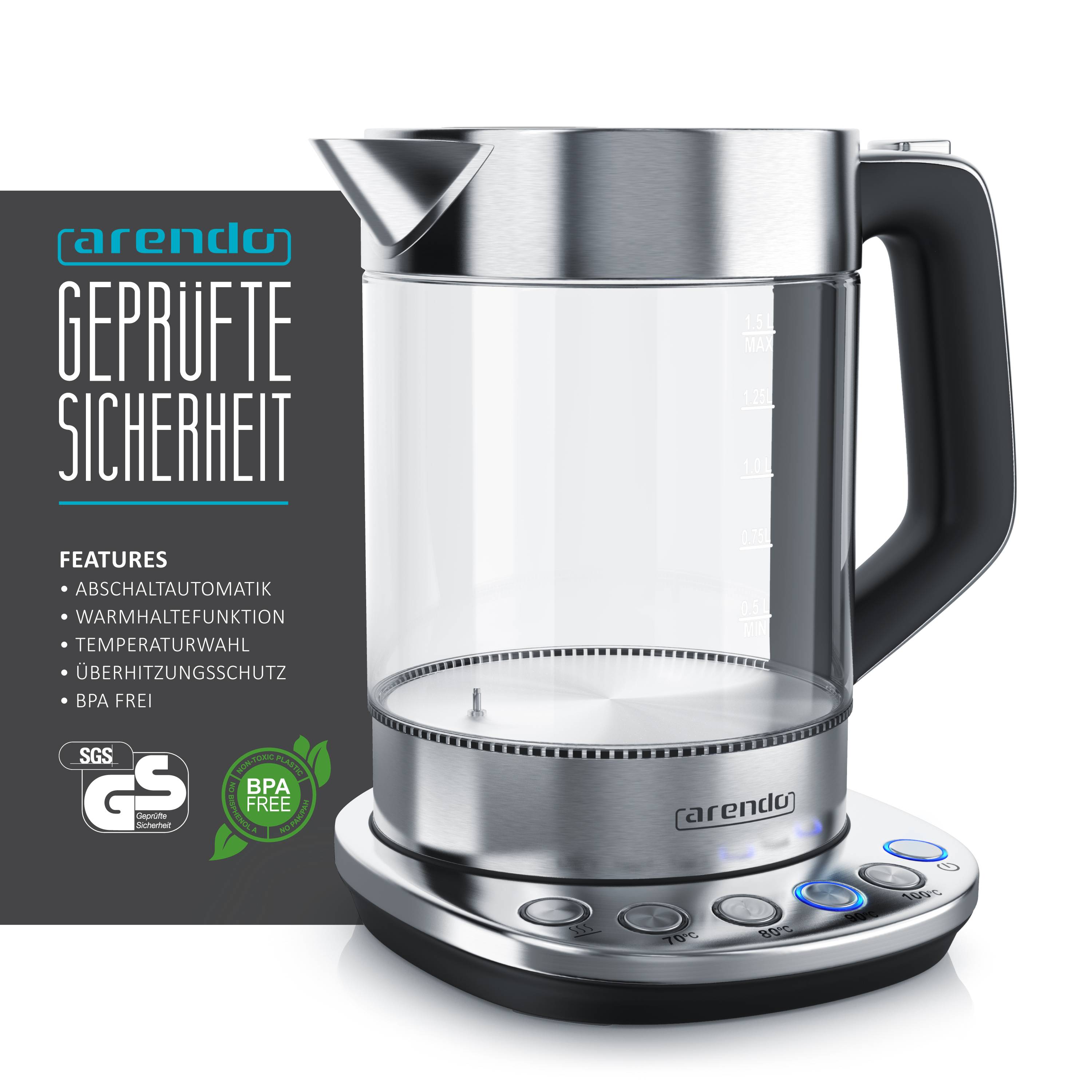 Arendo Wasserkocher 1,5 l, 2200 W, Edelstahl & Glas mit Basisstation, Temperatureinstellung 70° C - 100° C