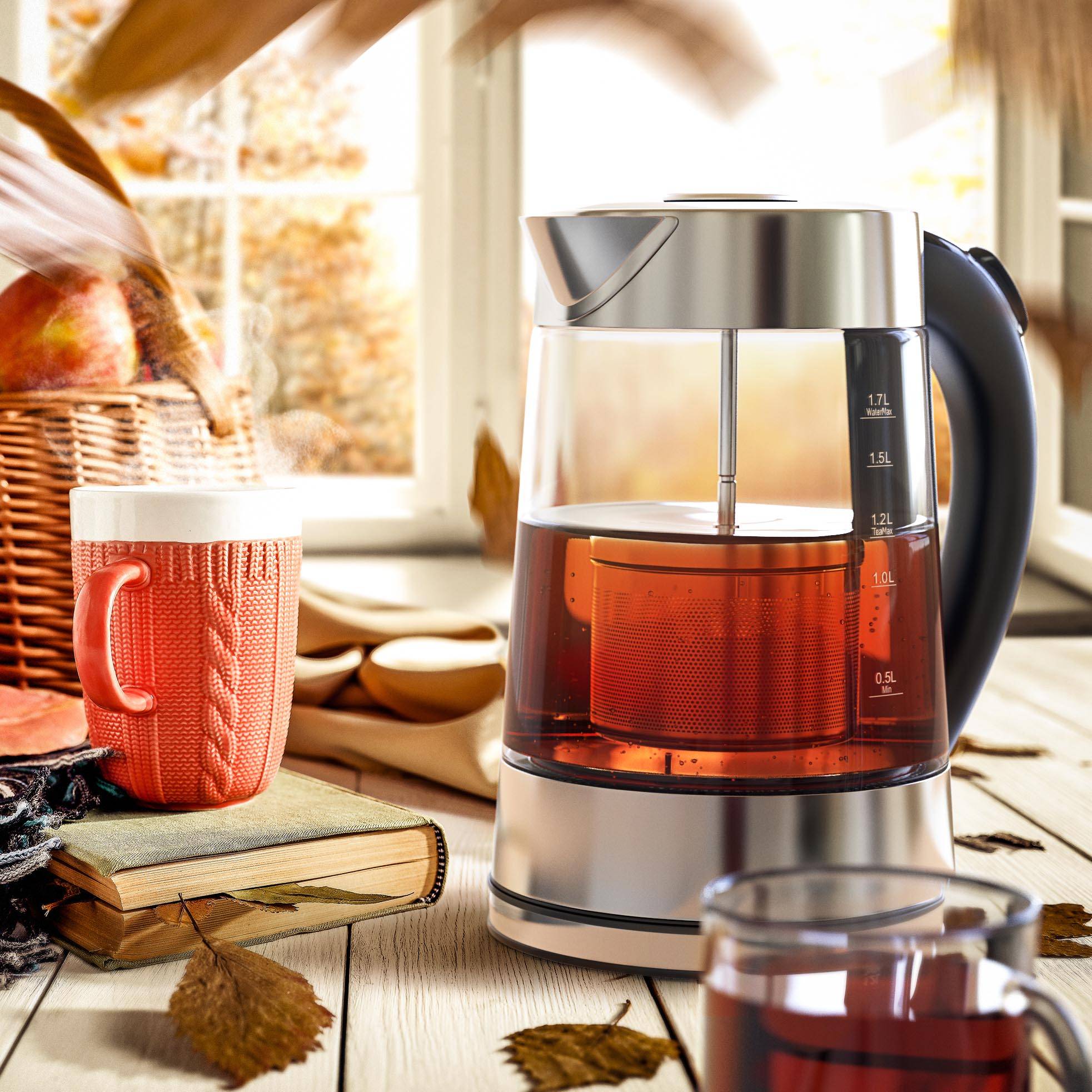 Arendo Wasserkocher 1,7 l, 2200 W, Edelstahl & Glas mit Teesieb, Teekocher, Temperaturwahl 40° C - 100° C