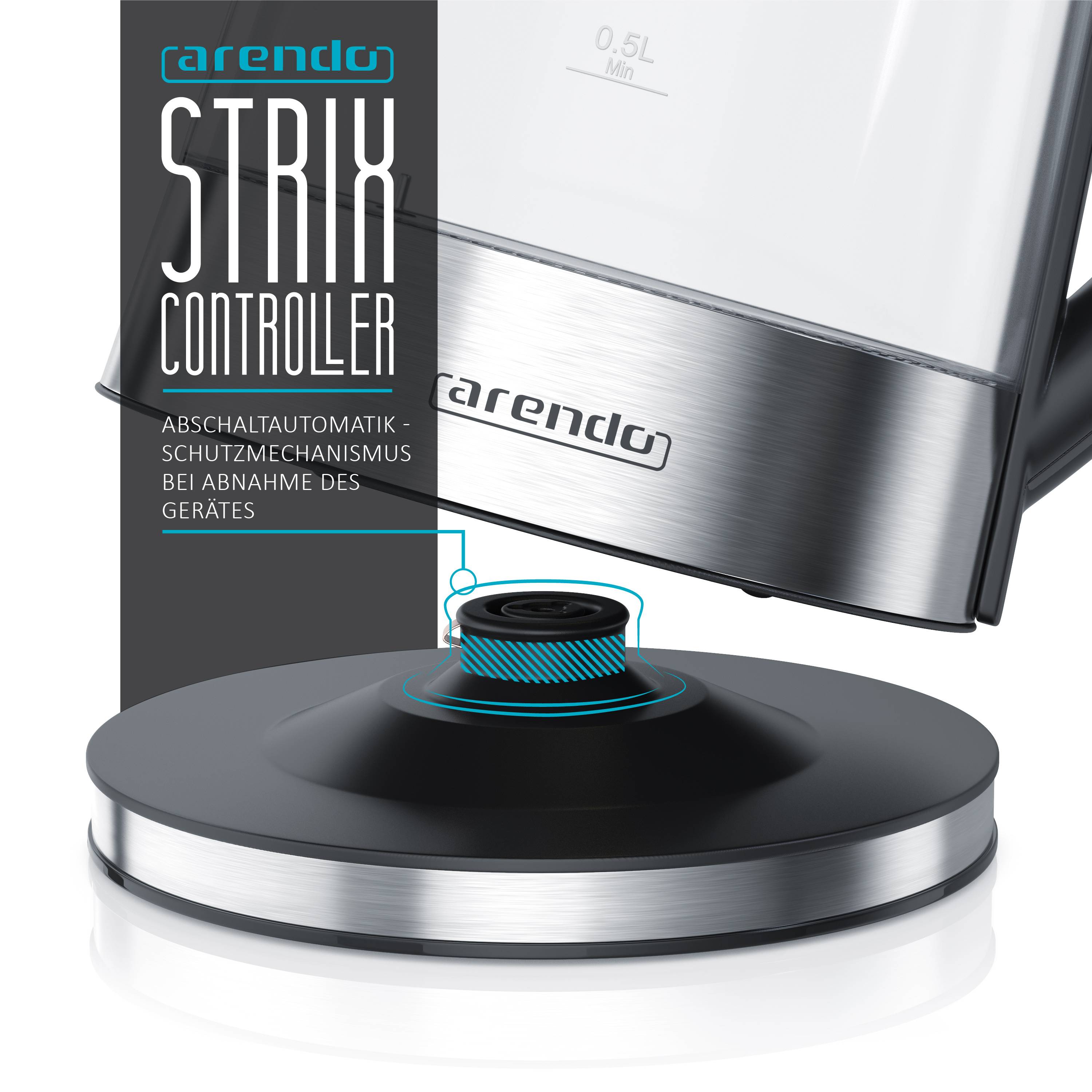 Arendo Wasserkocher 1,7 l, 2200 W, Edelstahl & Glas mit Teesieb, Teekocher, Temperaturwahl 40° C - 100° C