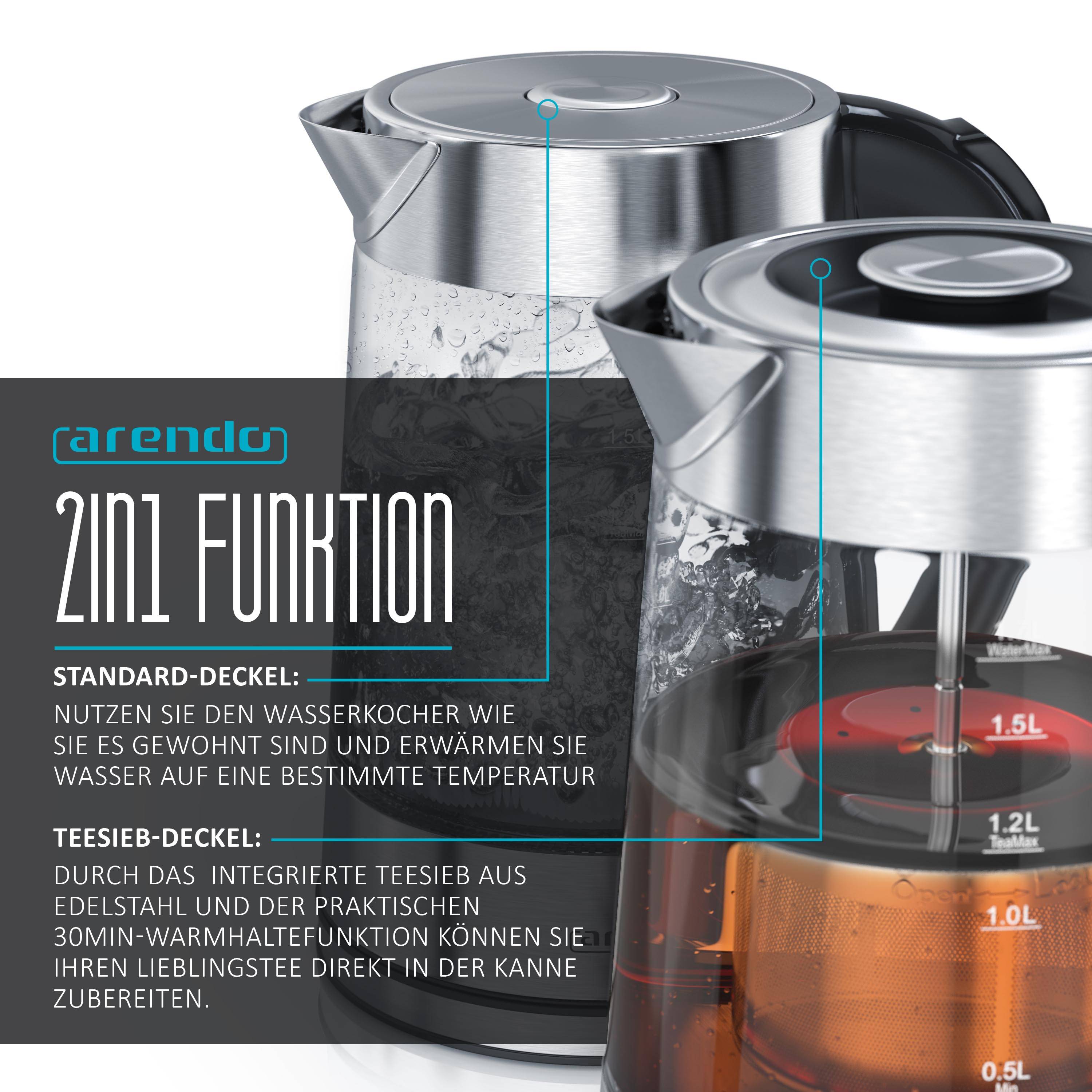 Arendo Wasserkocher 1,7 l, 2200 W, Edelstahl & Glas mit Teesieb, Teekocher, Temperaturwahl 40° C - 100° C