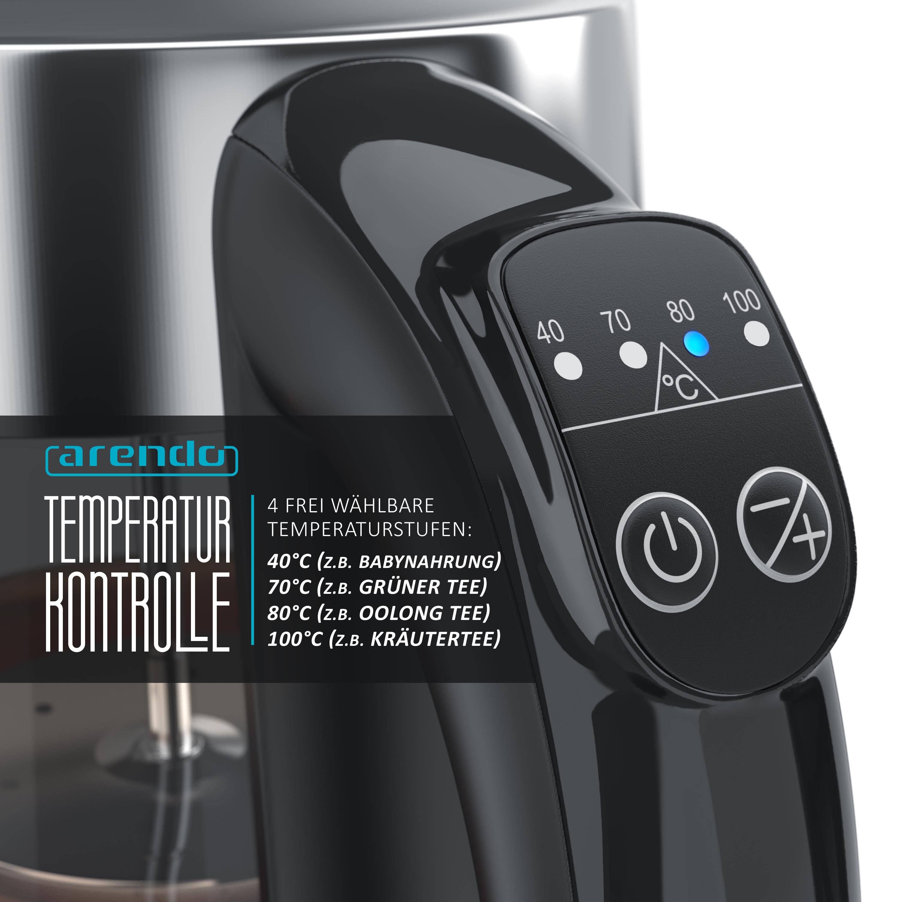 Arendo Wasserkocher 1,7 l, 2200 W, Edelstahl & Glas mit Teesieb, Teekocher, Temperaturwahl 40° C - 100° C