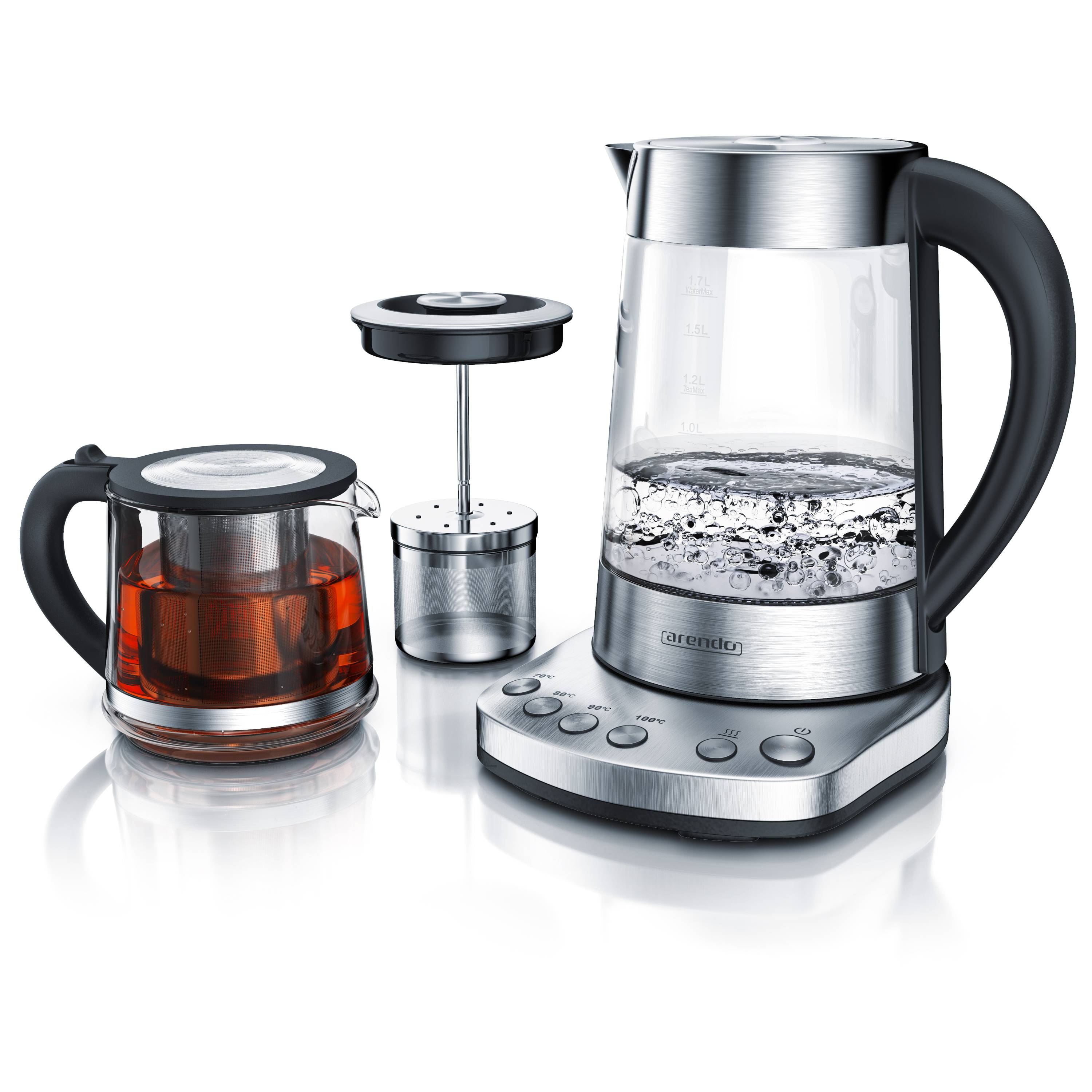 Arendo Wasserkocher 1,7 l, 2400 W, Edelstahl mit Teeaufsatz, Teekocher, Temperaturwahl 70-100° C, 4 Temperaturstufen