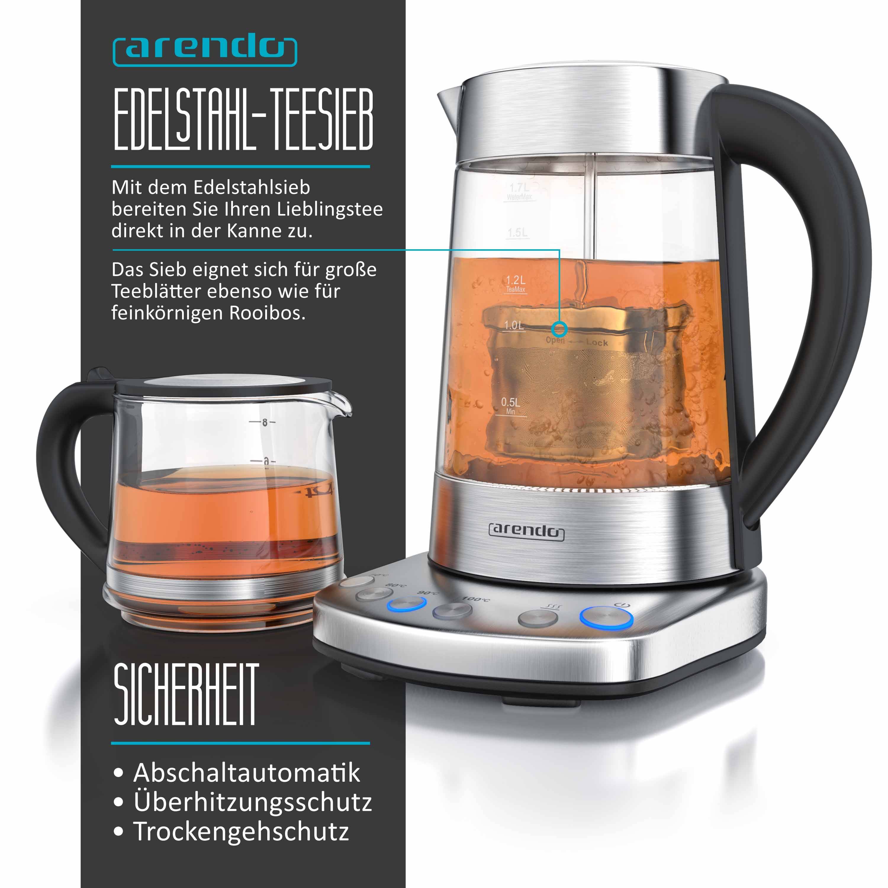Arendo Wasserkocher 1,7 l, 2400 W, Edelstahl mit Teeaufsatz, Teekocher, Temperatureinstellung 70 - 100° C
