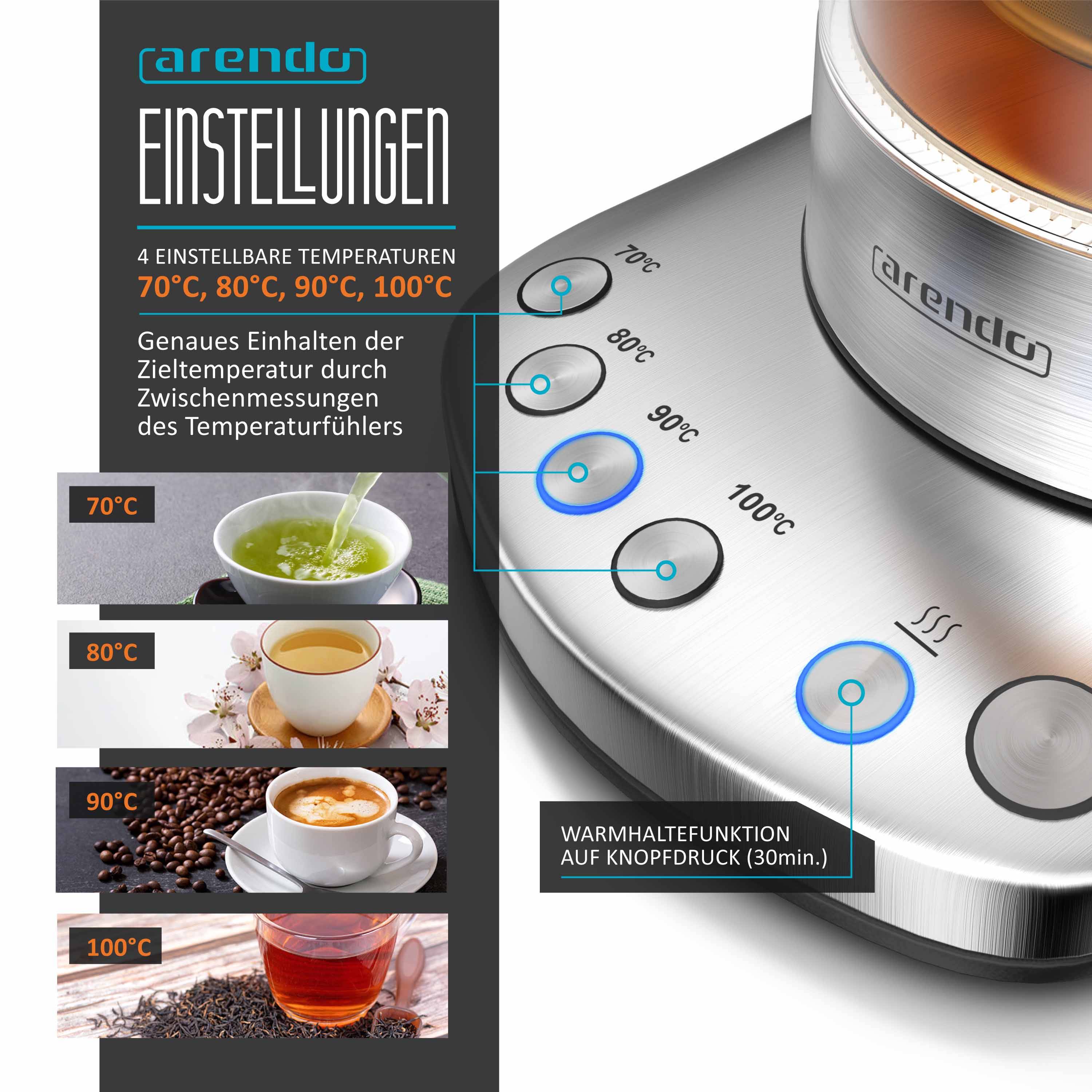 Arendo Wasserkocher 1,7 l, 2400 W, Edelstahl mit Teeaufsatz, Teekocher, Temperatureinstellung 70 - 100° C