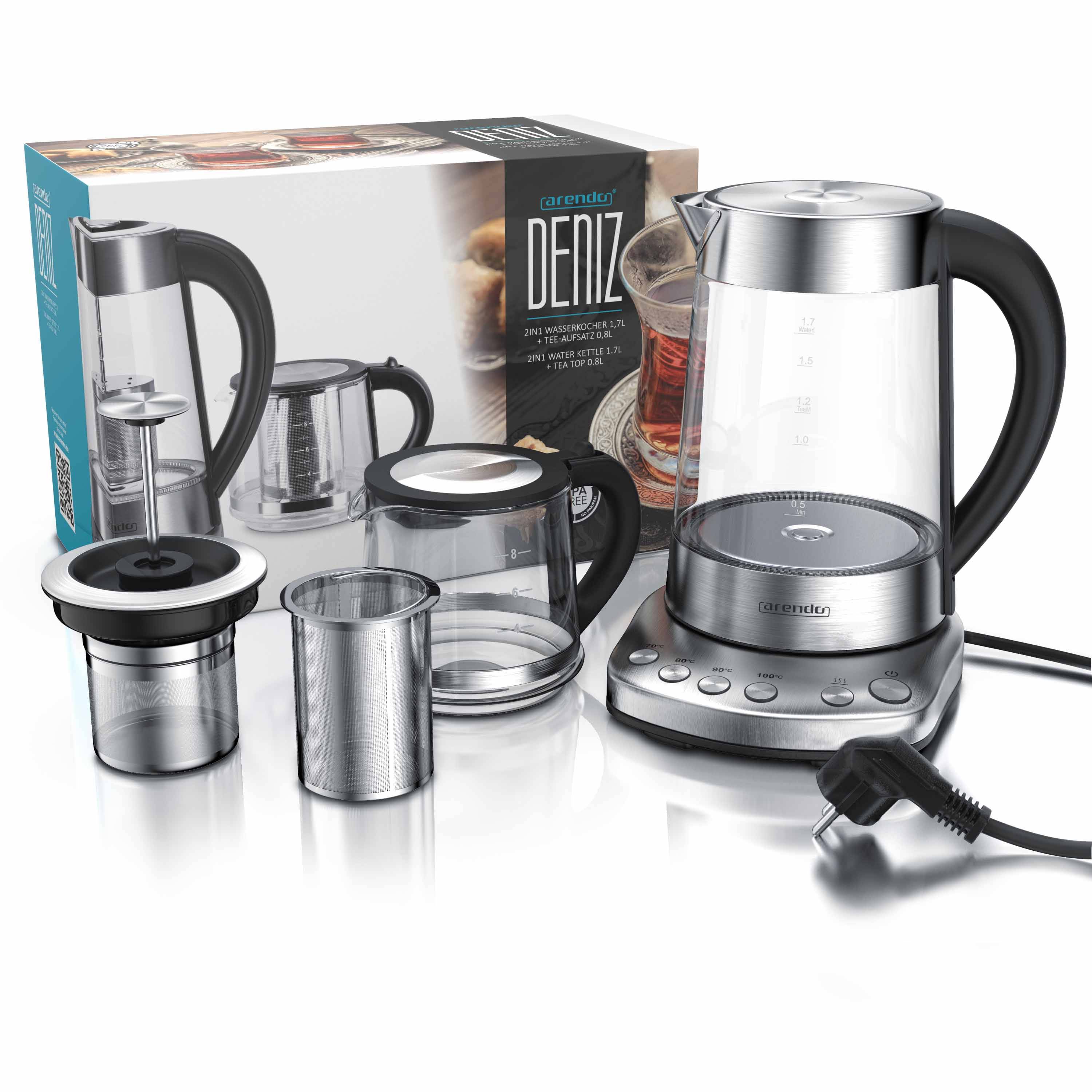 Arendo Wasserkocher 1,7 l, 2400 W, Edelstahl mit Teeaufsatz, Teekocher, Temperatureinstellung 70 - 100° C