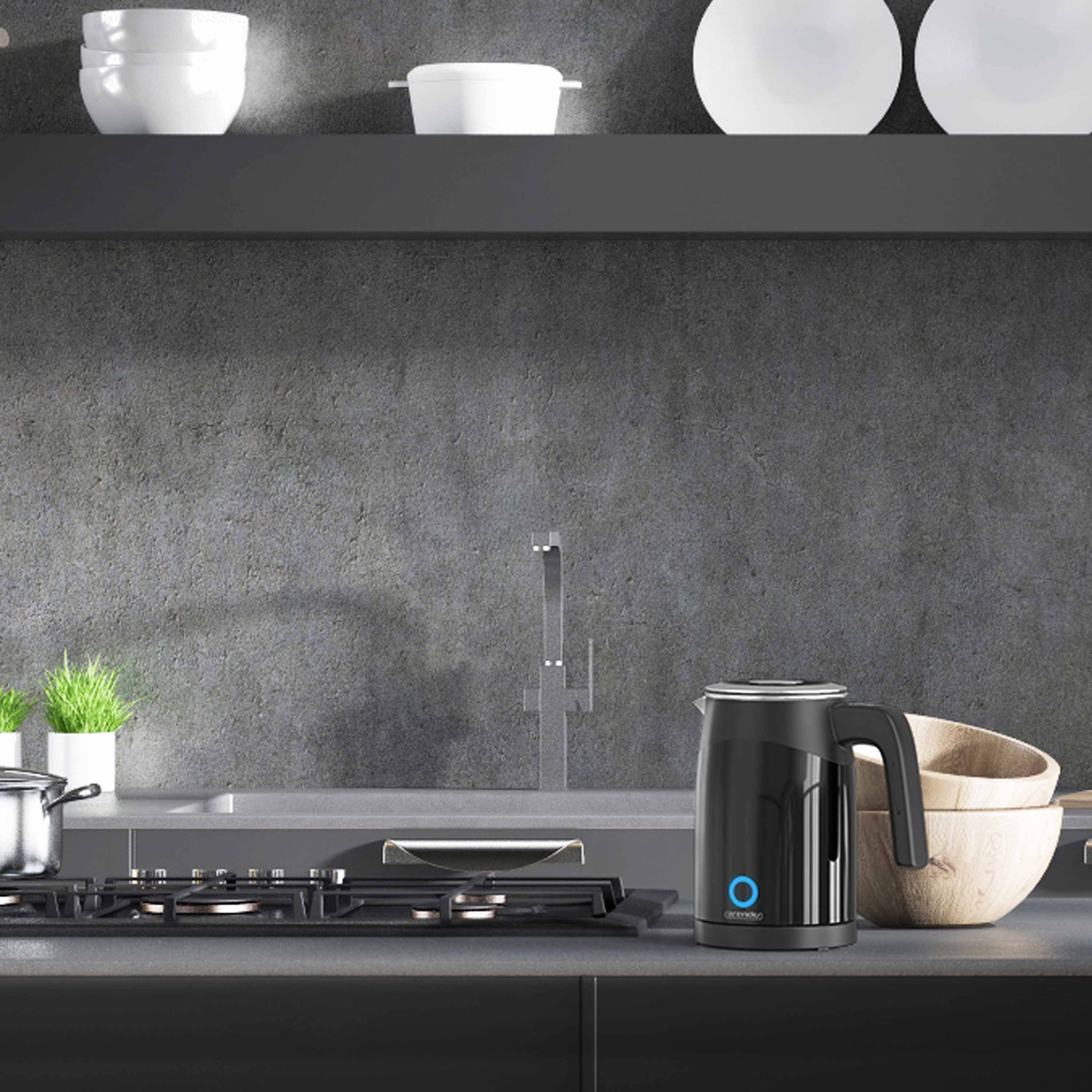 Arendo Wasserkocher 0,5 l, 1100 W, Edelstahl Single Reisewasserkocher Mini, Temperatureinstellung, schwarz