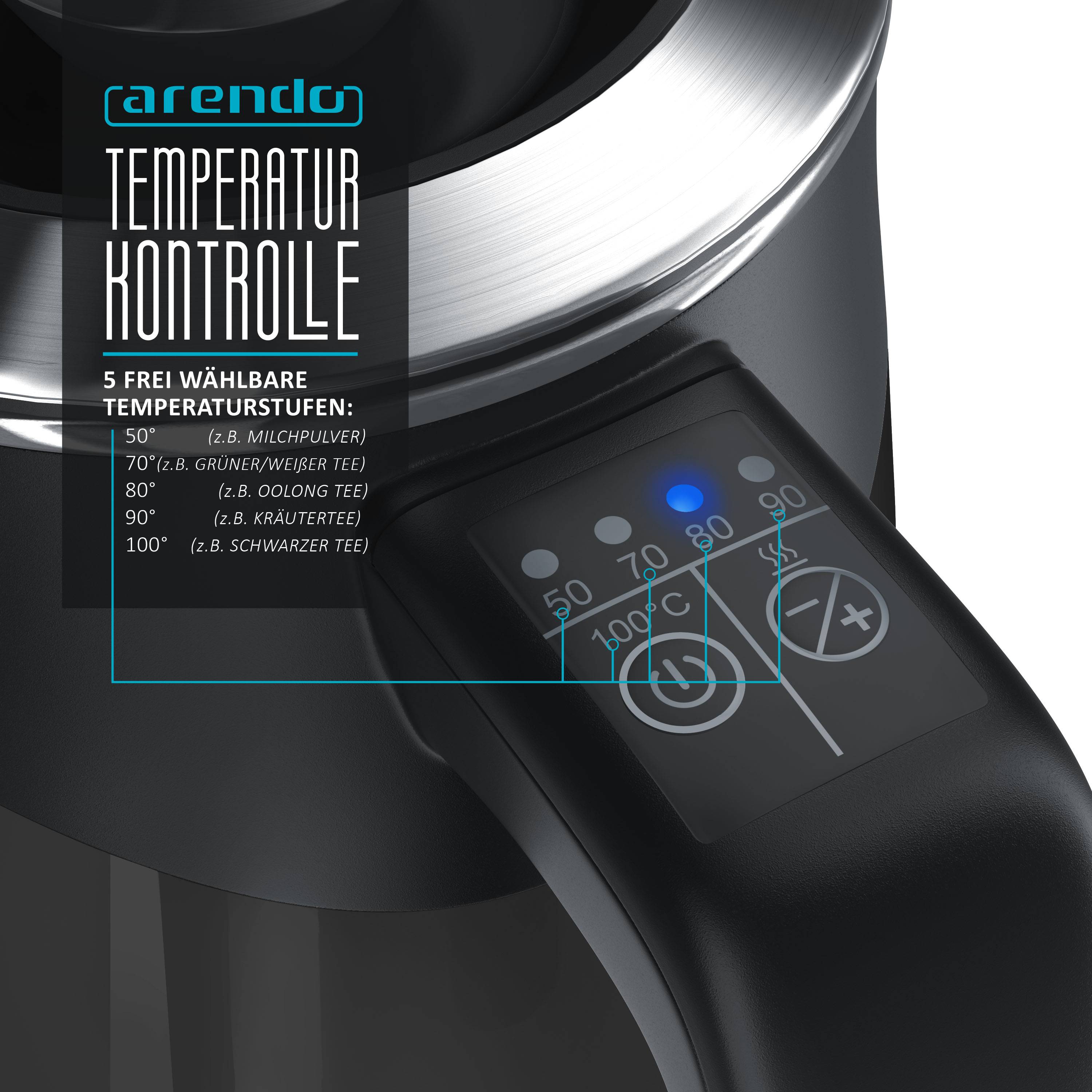 Arendo Wasserkocher 0,5 l, 1100 W, Edelstahl Reisewasserkocher, Temperaturwahl, schwarz, Warmhaltefunktion, mit LED