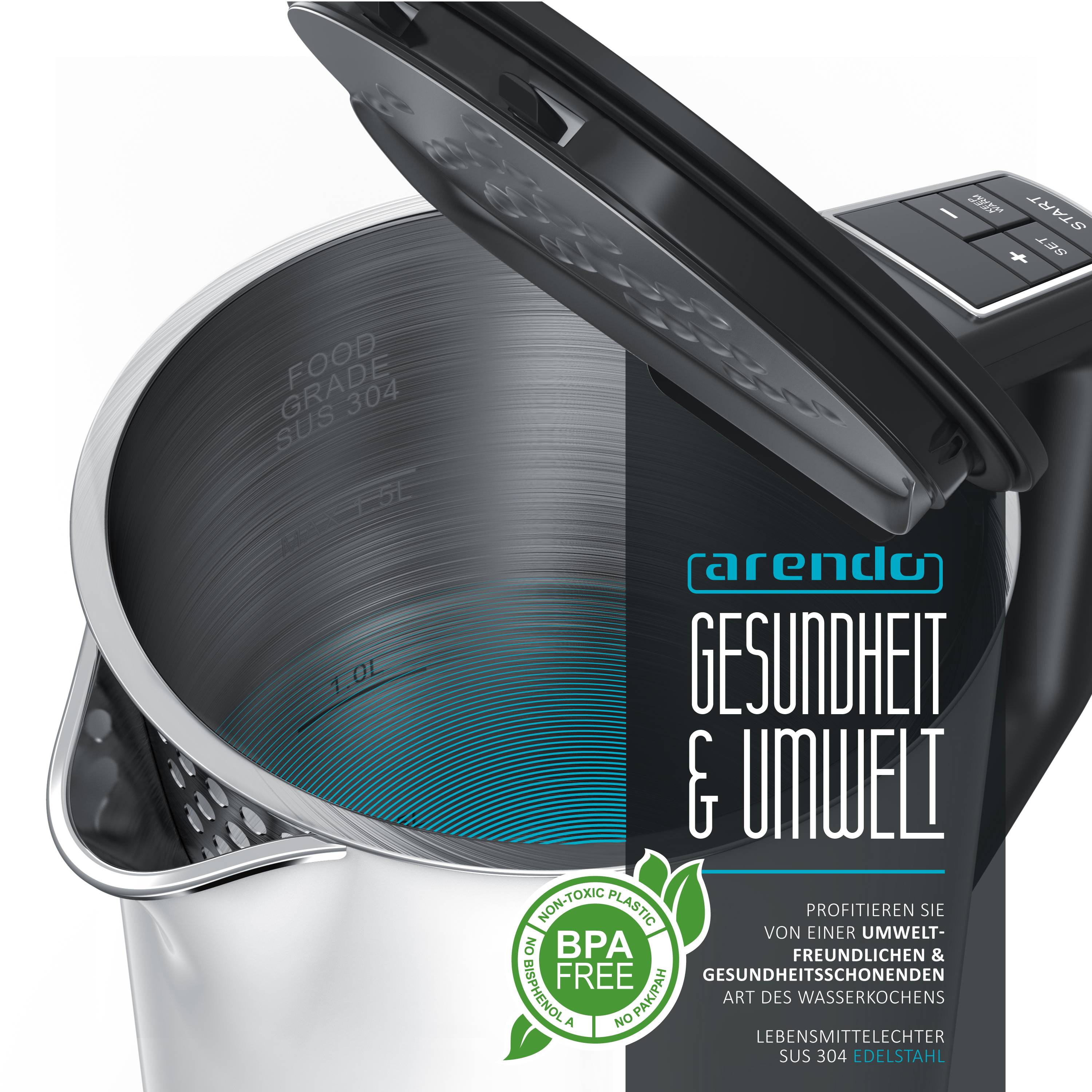 Arendo Wasserkocher 1,5 l 2200 W, Edelstahl, Doppelwand, Temperaturwahl 40 - 100°C mit Anzeige, weiß