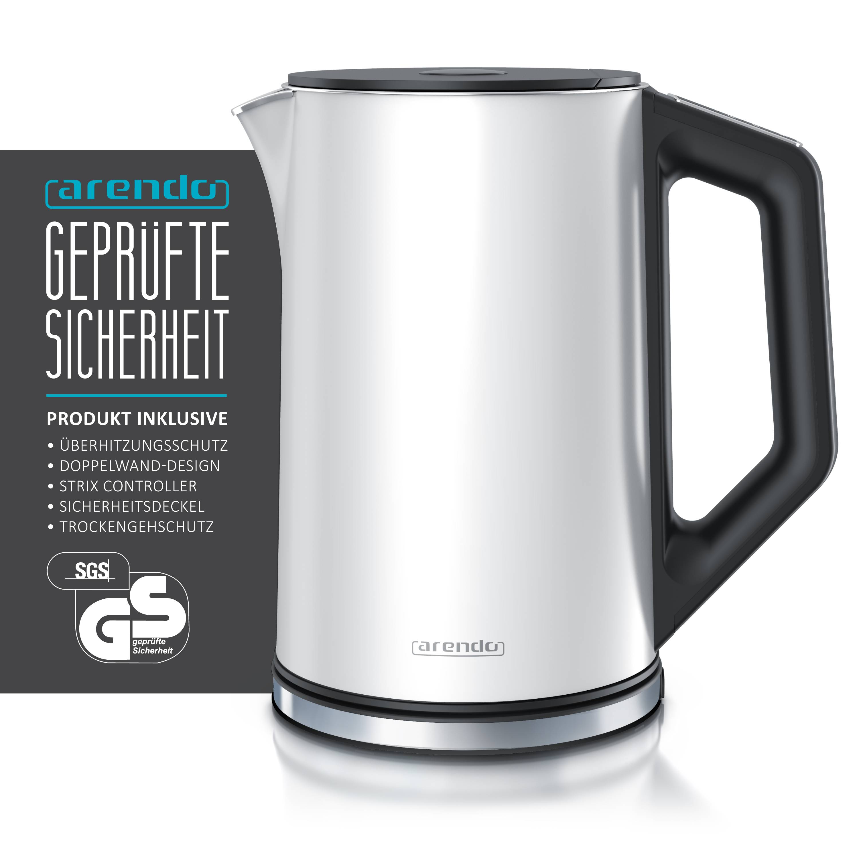 Arendo Wasserkocher 1,5 Liter 2200 W, Edelstahl, Doppelwand, Temperaturwahl 40-100°C mit Anzeige, weiß