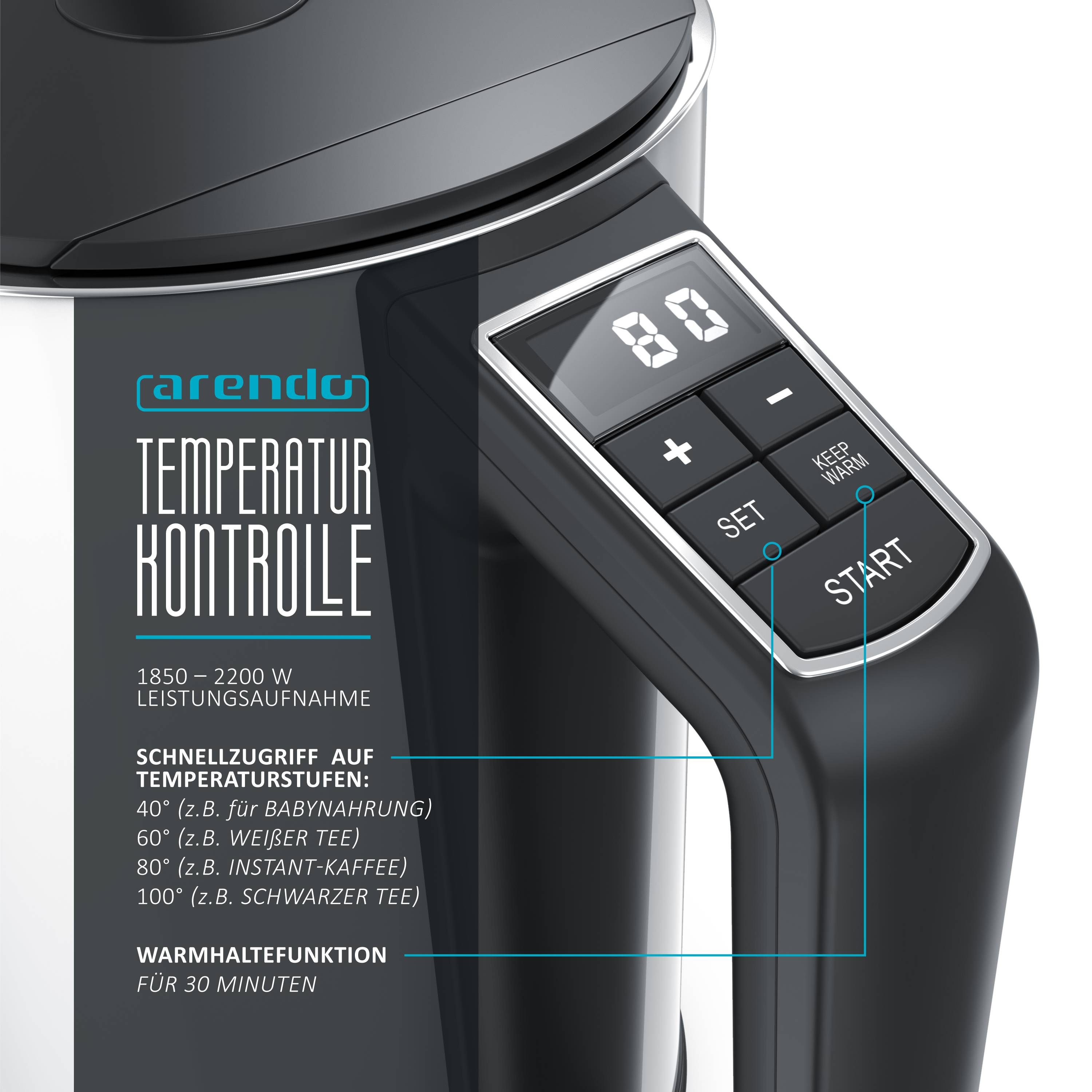 Arendo Wasserkocher 1,5 Liter 2200 W, Edelstahl, Doppelwand, Temperaturwahl 40-100°C mit Anzeige, weiß