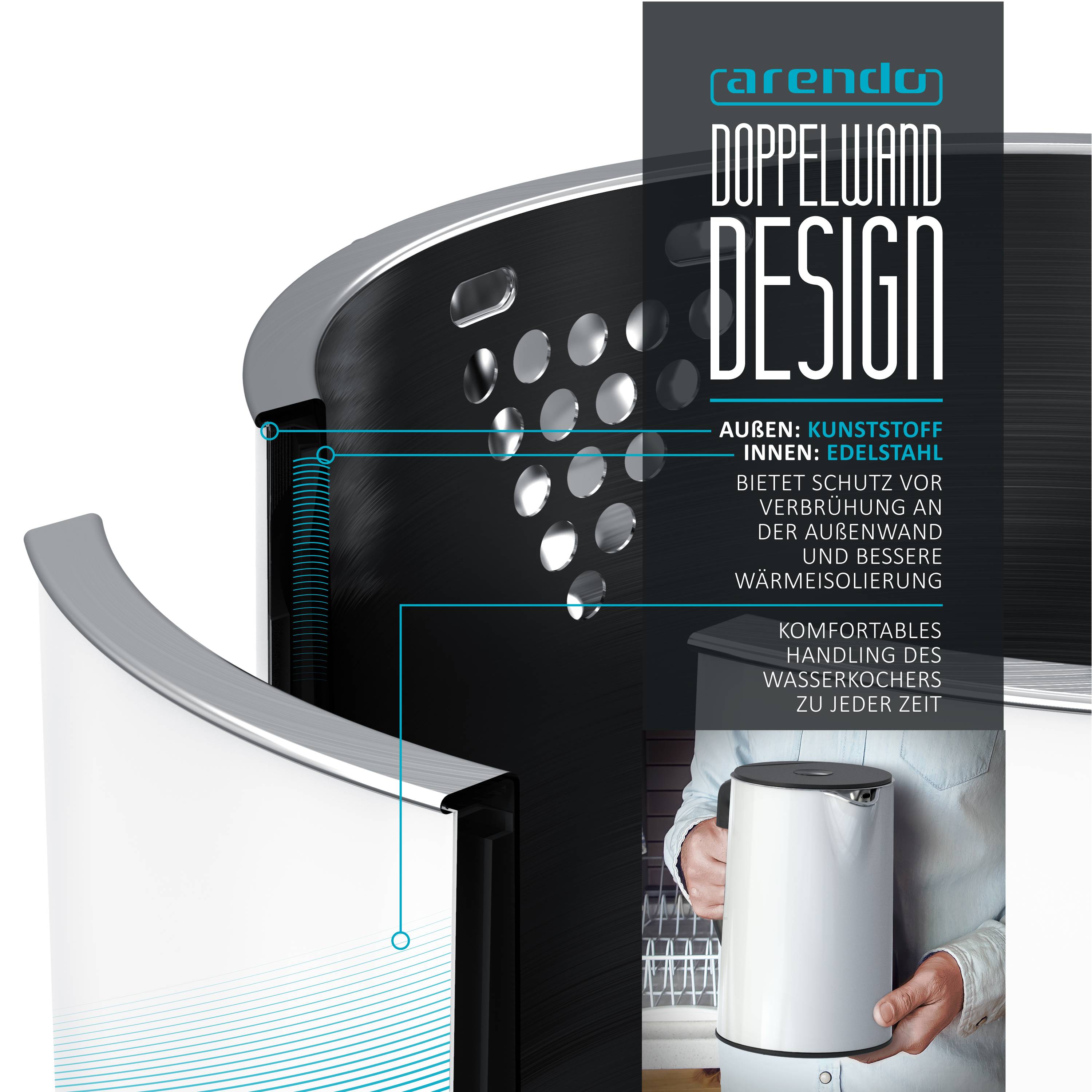 Arendo Wasserkocher 1,5 l 2200 W, Edelstahl, Doppelwand, Temperaturwahl 40 - 100°C mit Anzeige, weiß