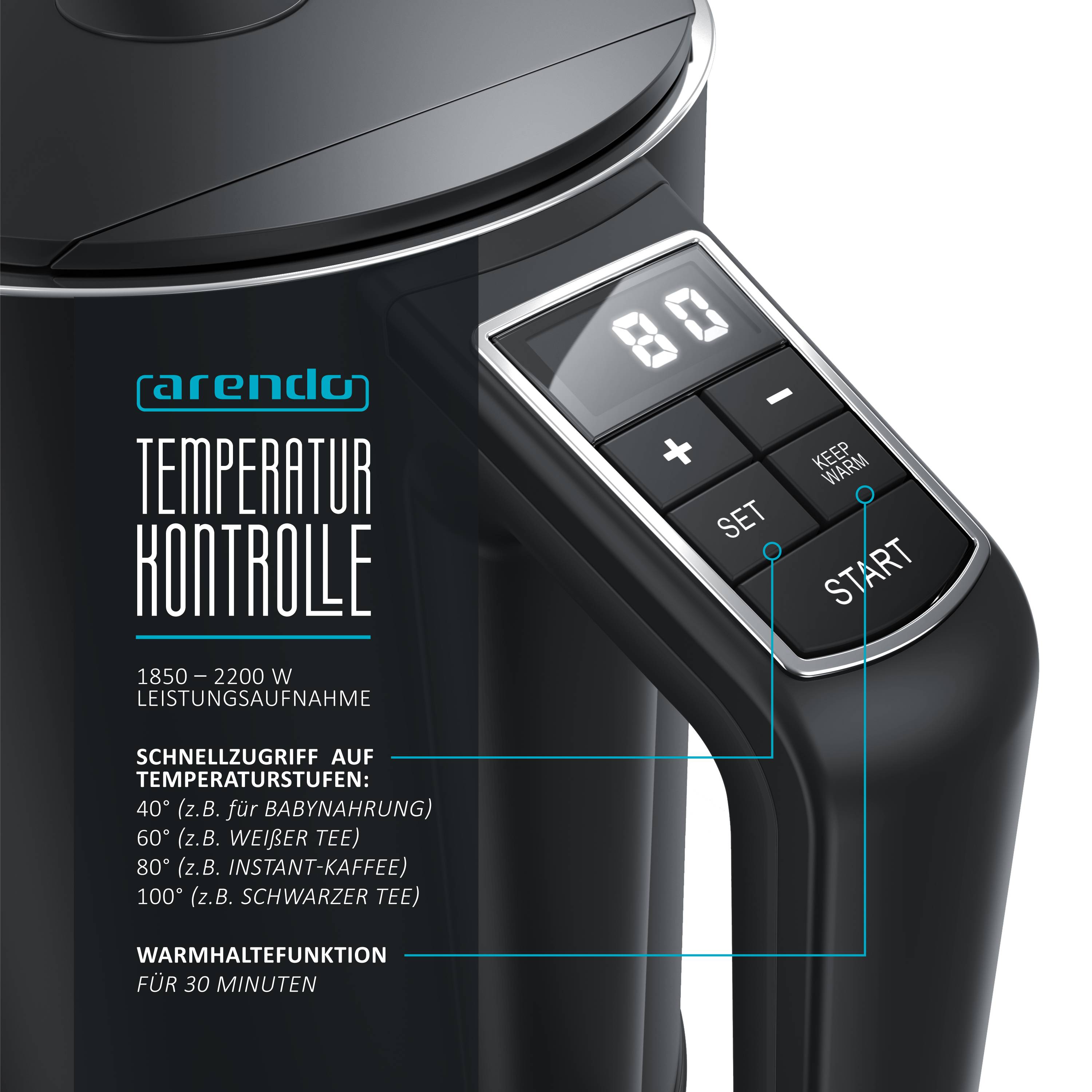 Arendo Wasserkocher, 1,5 Liter, 40-100 Grad Temperaturwahl, LED-Display, hochwetiger Edelstahl, Schwarz