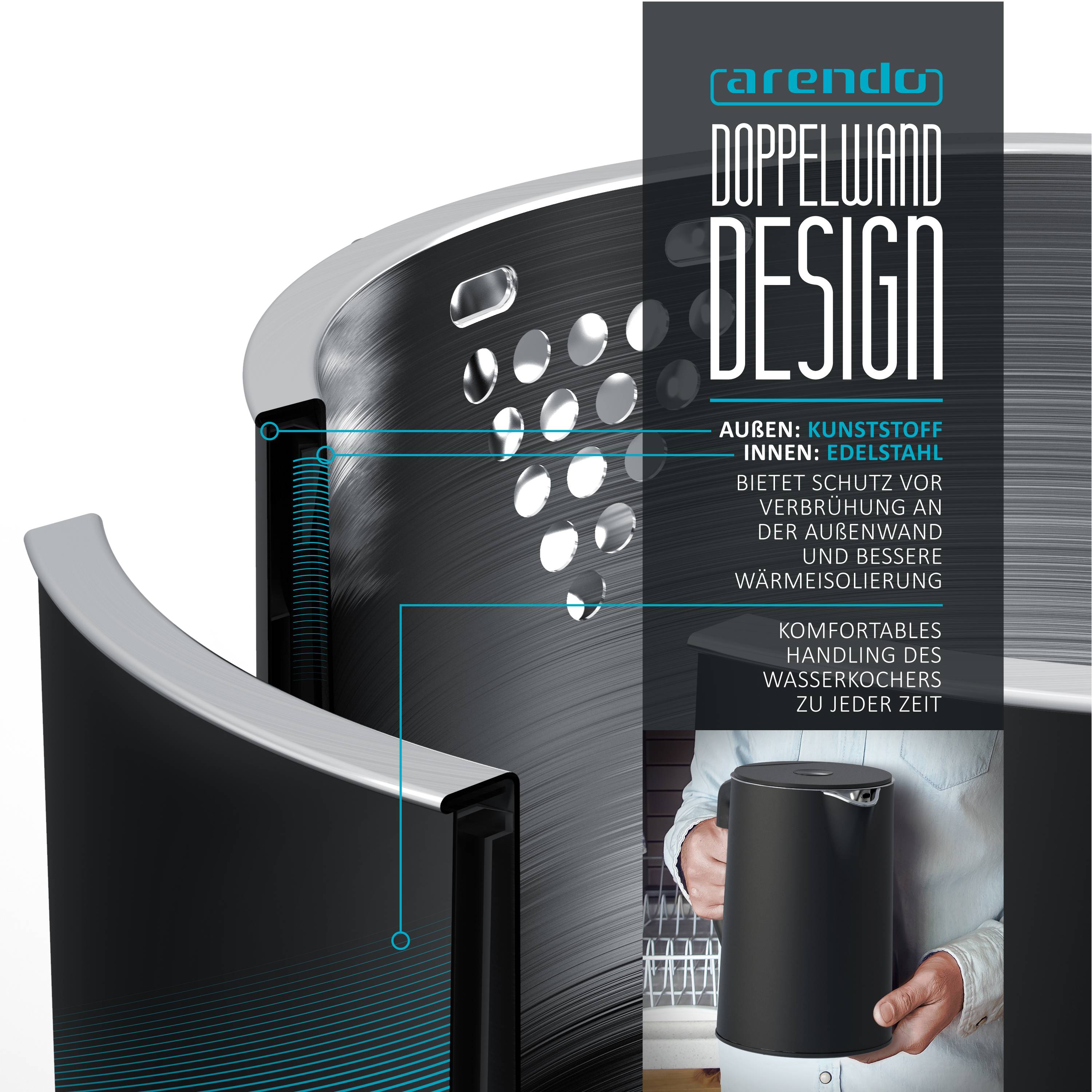 Arendo Wasserkocher, 1,5 Liter, 40-100 Grad Temperaturwahl, LED-Display, hochwetiger Edelstahl, Schwarz