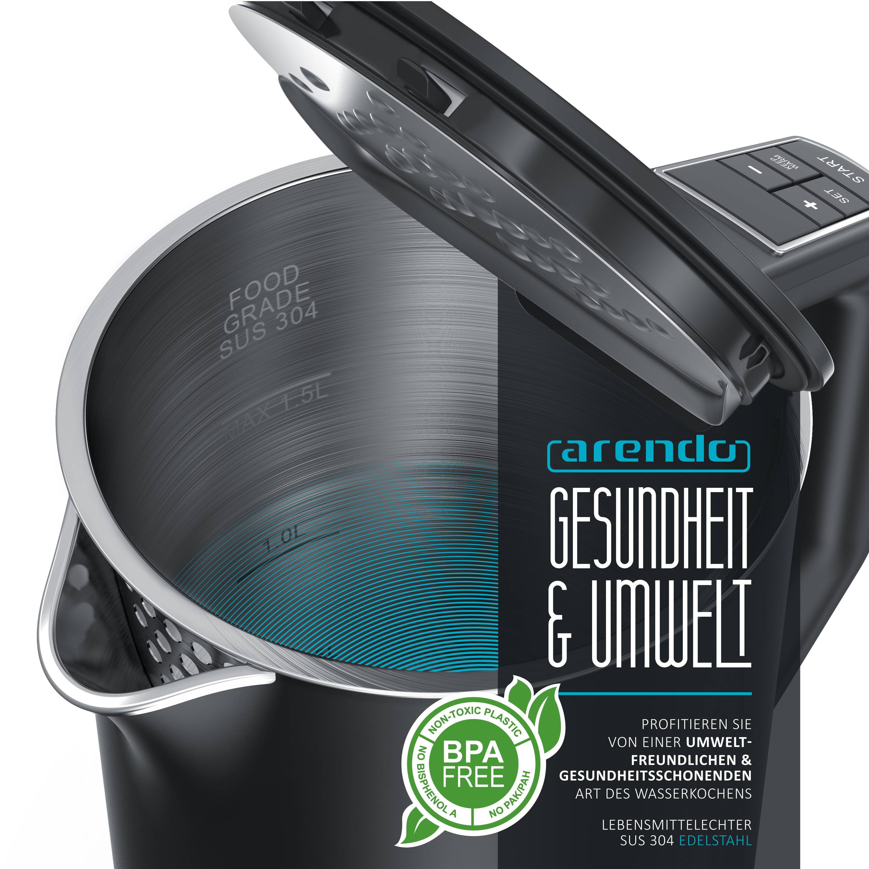 Arendo Wasserkocher, 1,5 Liter, 40-100 Grad Temperaturwahl, LED-Display, hochwetiger Edelstahl, Schwarz