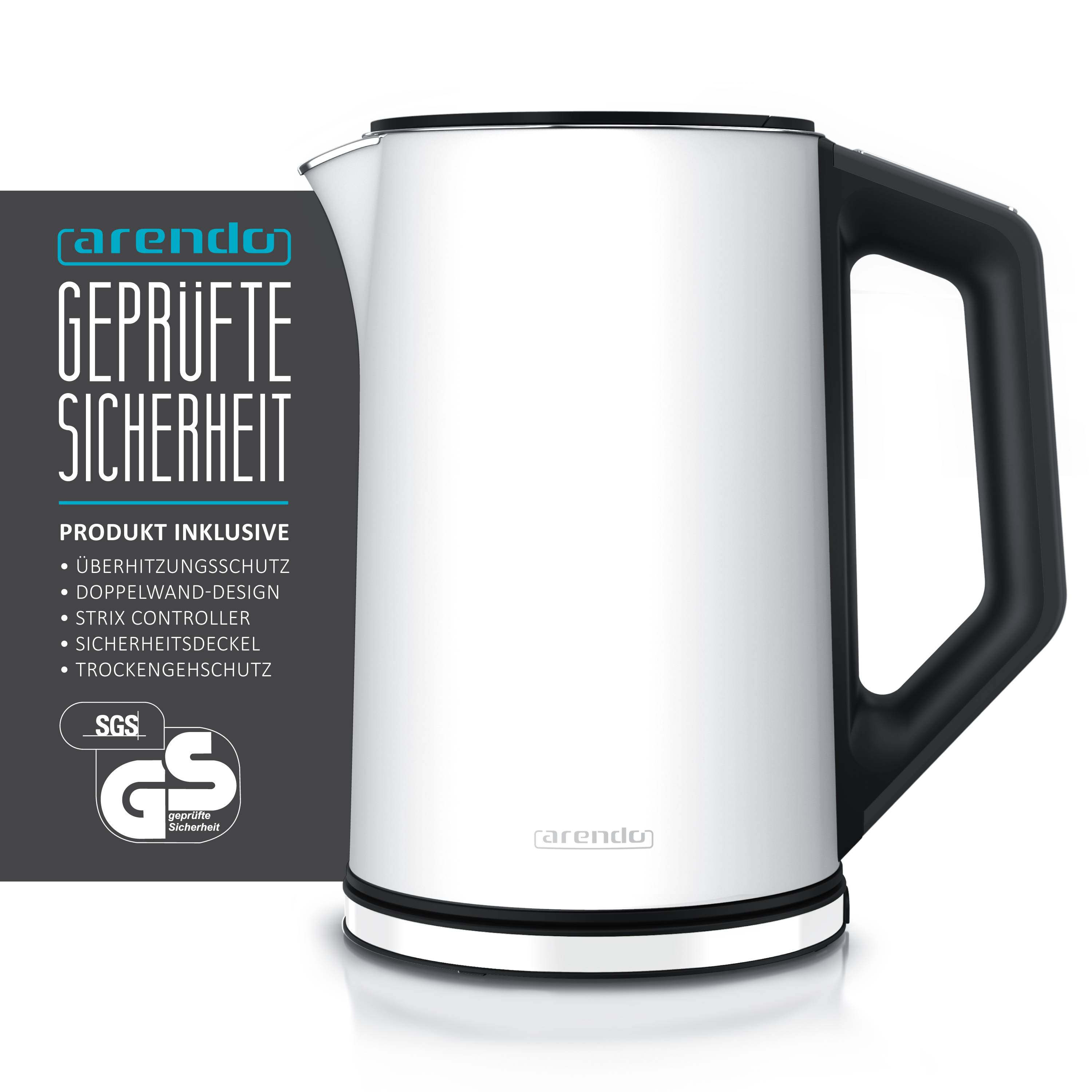 Arendo Wasserkocher 1,5 l 2200 W, Edelstahl, Doppelwand, Temperaturwahl 40 - 100°C mit Anzeige, weiß matt
