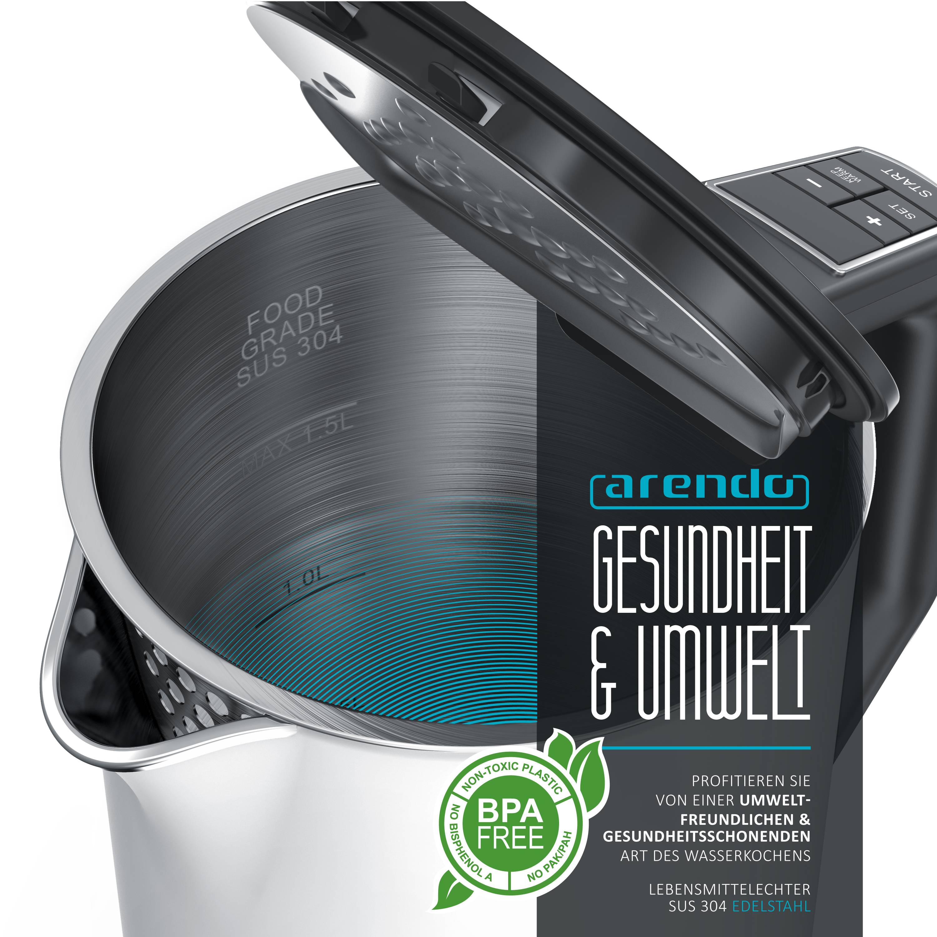 Arendo Wasserkocher 1,5 l 2200 W, Edelstahl, Doppelwand, Temperaturwahl 40 - 100°C mit Anzeige, weiß matt