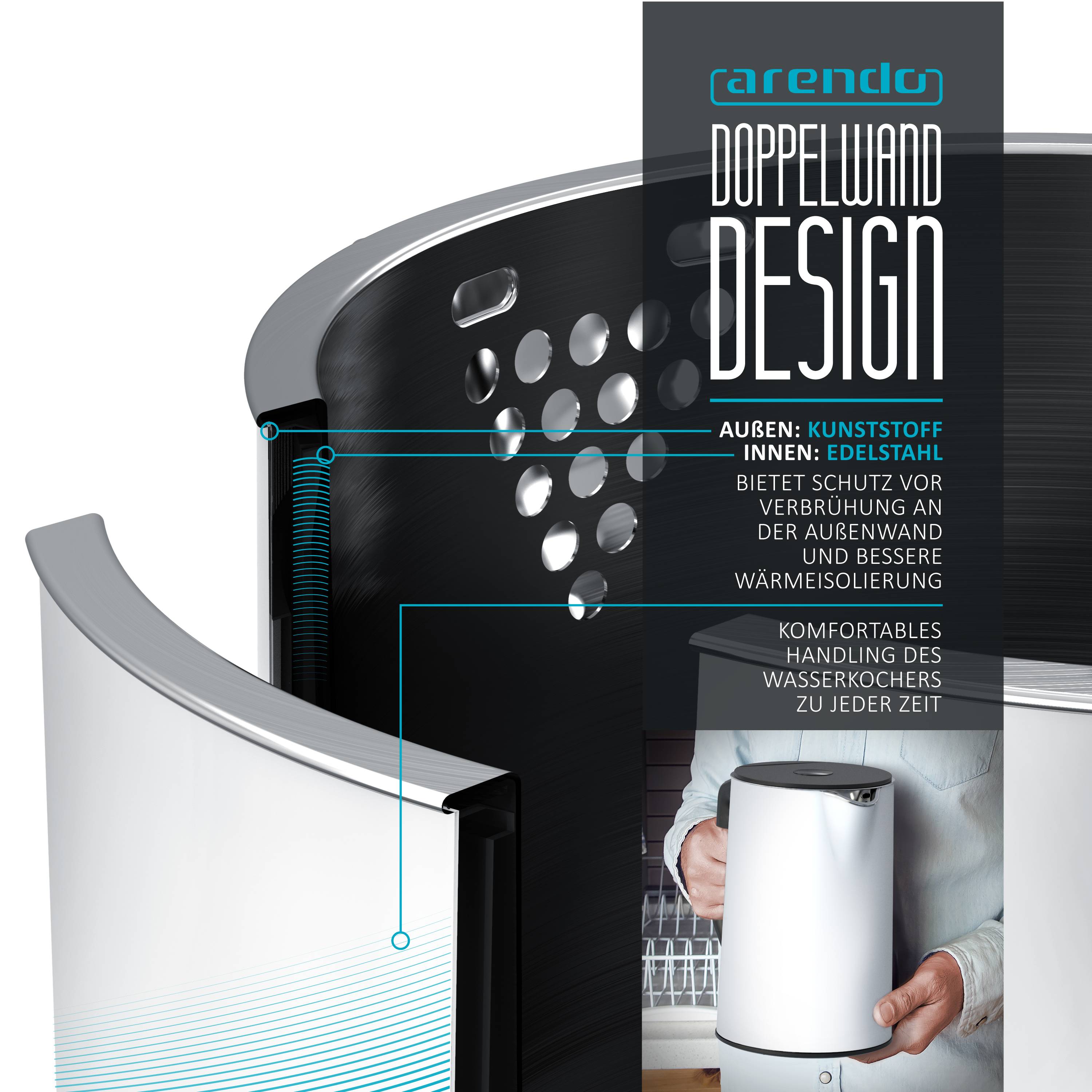 Arendo Wasserkocher 1,5 l 2200 W, Edelstahl, Doppelwand, Temperaturwahl 40 - 100°C mit Anzeige, weiß matt