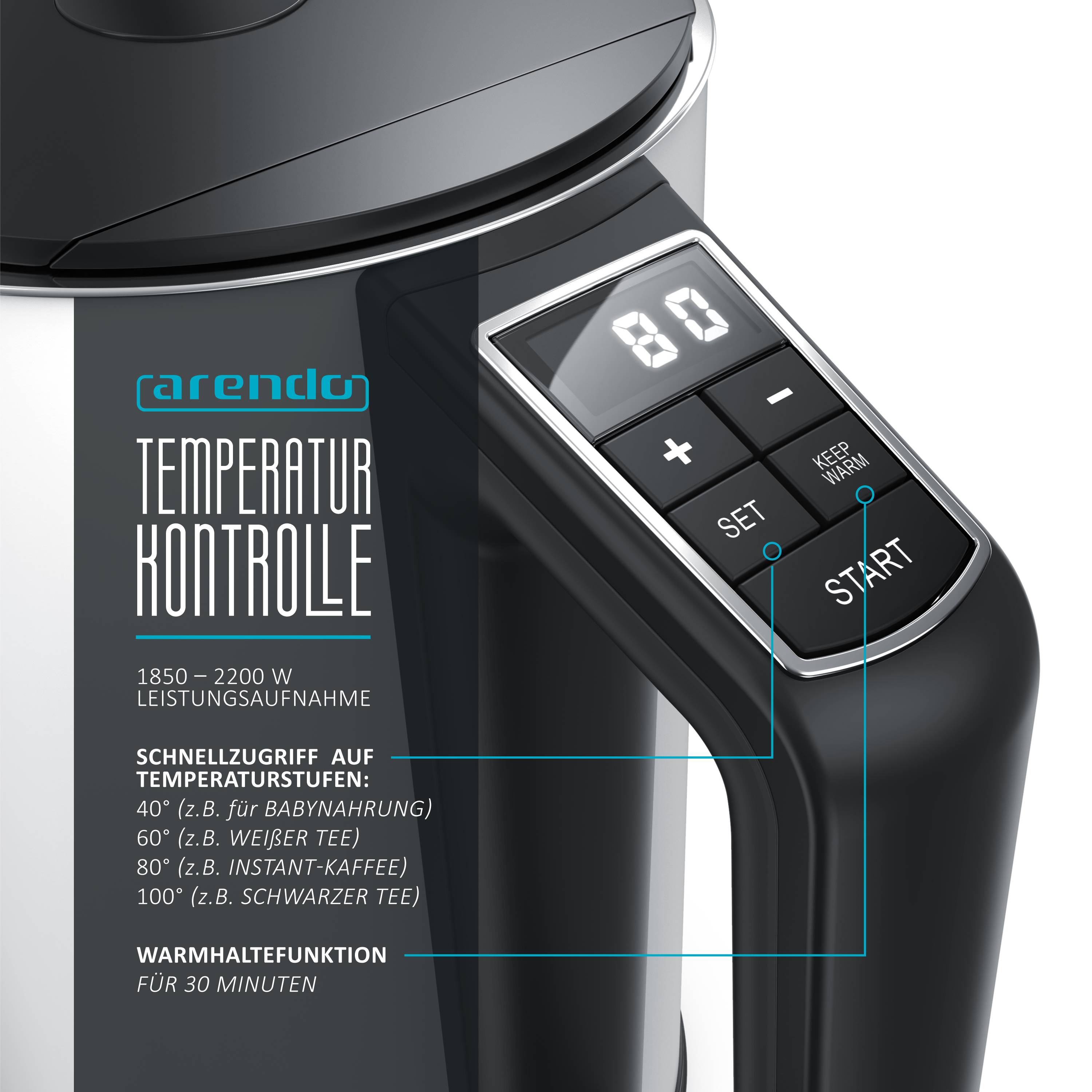 Arendo Wasserkocher 1,5 l 2200 W, Edelstahl, Doppelwand, Temperaturwahl 40-100°C mit Anzeige, weiß matt, Kunststoff