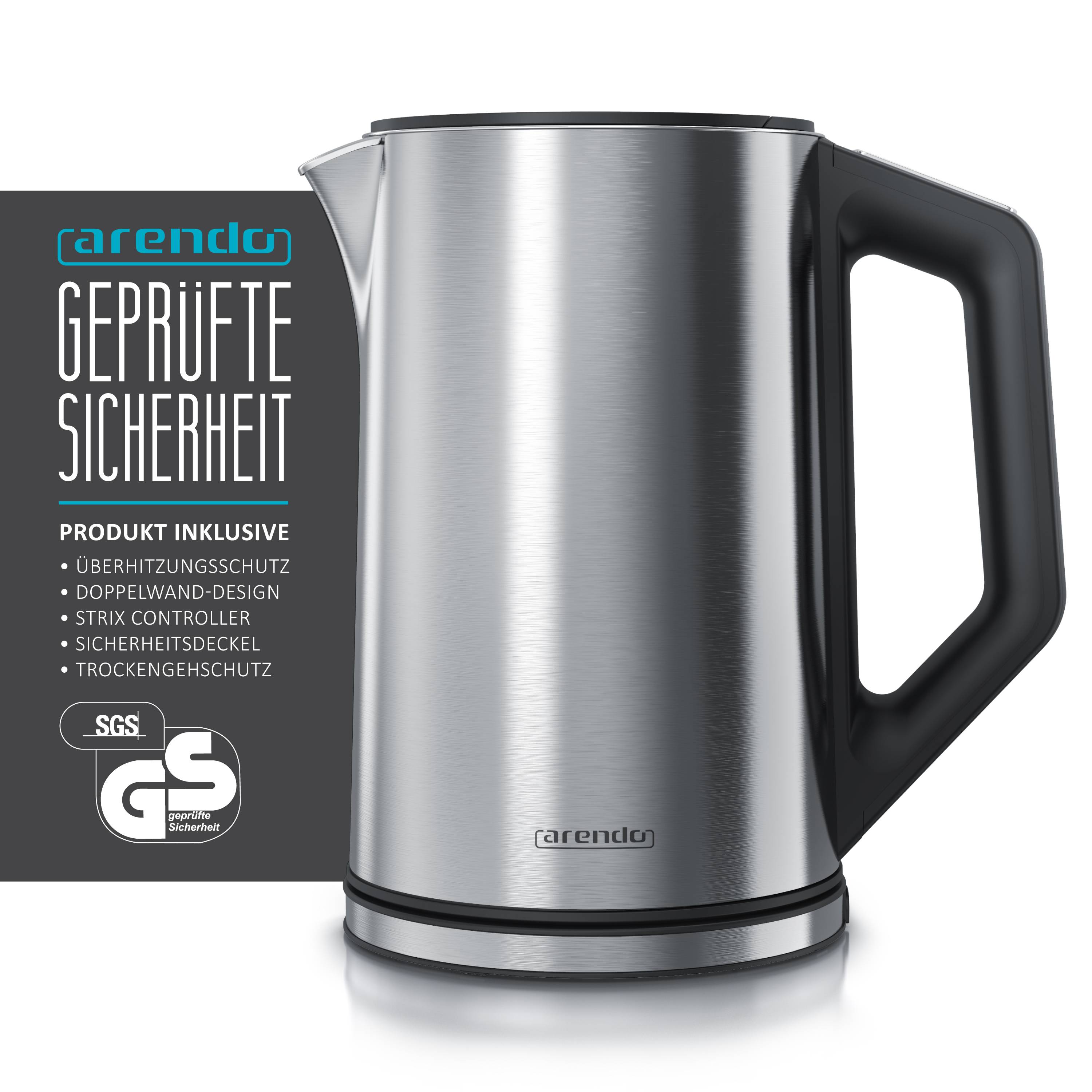 Arendo Wasserkocher 1,5 l 2200 W, Edelstahl, Doppelwand, Temperaturwahl 40 - 100°C mit Anzeige, silber