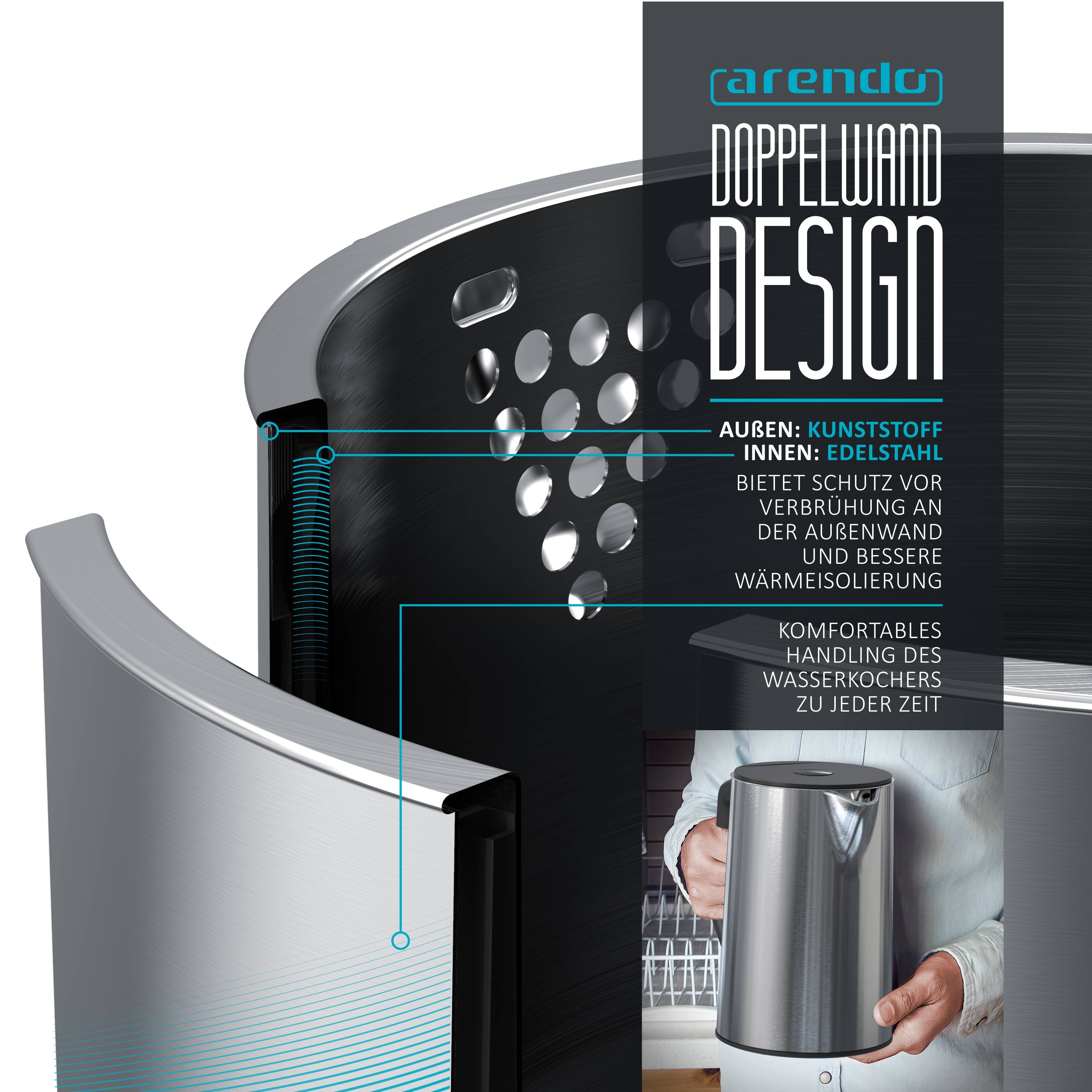 Arendo Wasserkocher 1,5 l 2200 W, Edelstahl, Doppelwand, Temperaturwahl 40 - 100°C mit Anzeige, silber