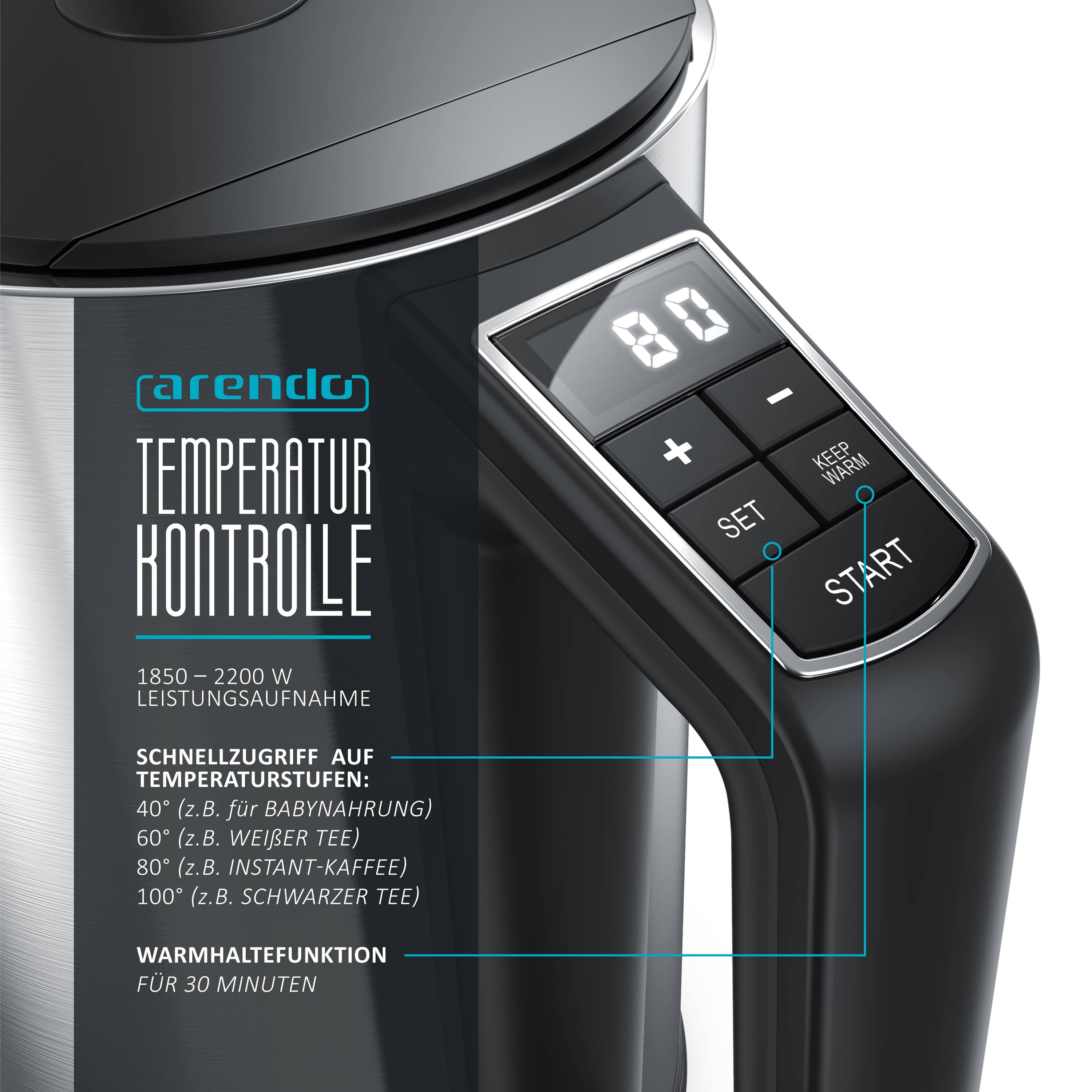 Arendo Wasserkocher 1,5 l 2200 W, Edelstahl, Doppelwand, Temperaturwahl 40-100°C mit Anzeige, silber, Kunststoff