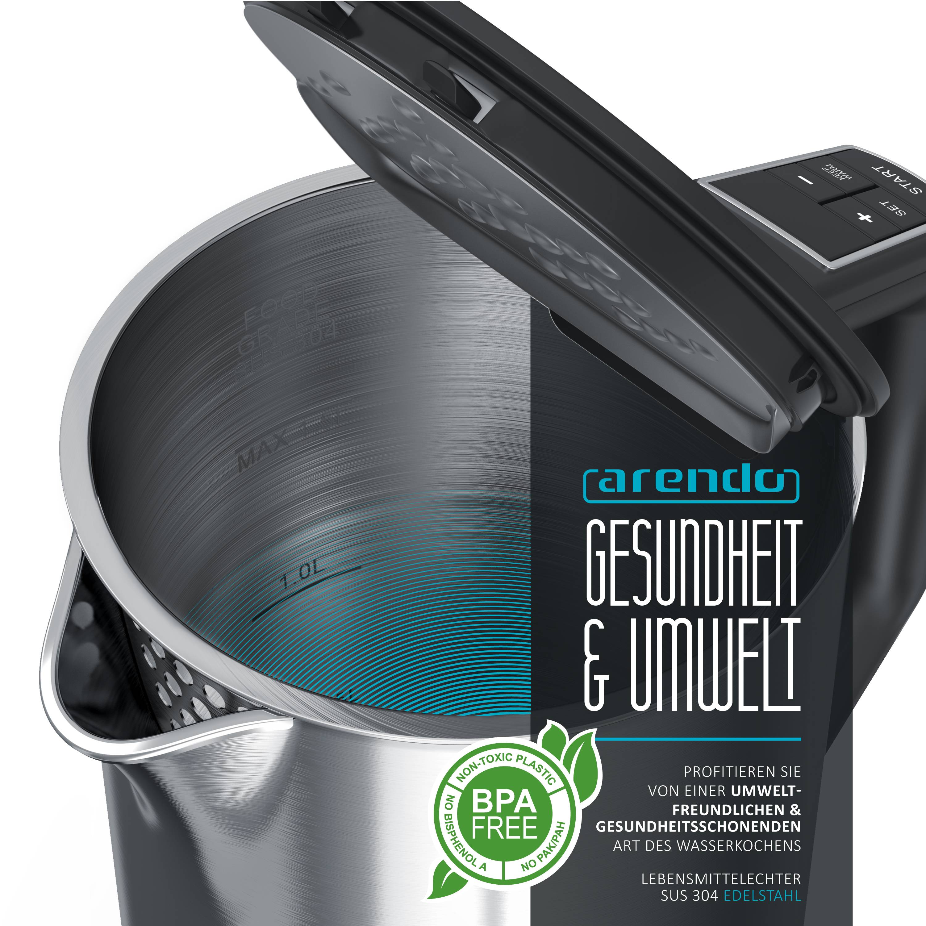 Arendo Wasserkocher 1,5 l 2200 W, Edelstahl, Doppelwand, Temperaturwahl 40 - 100°C mit Anzeige, silber