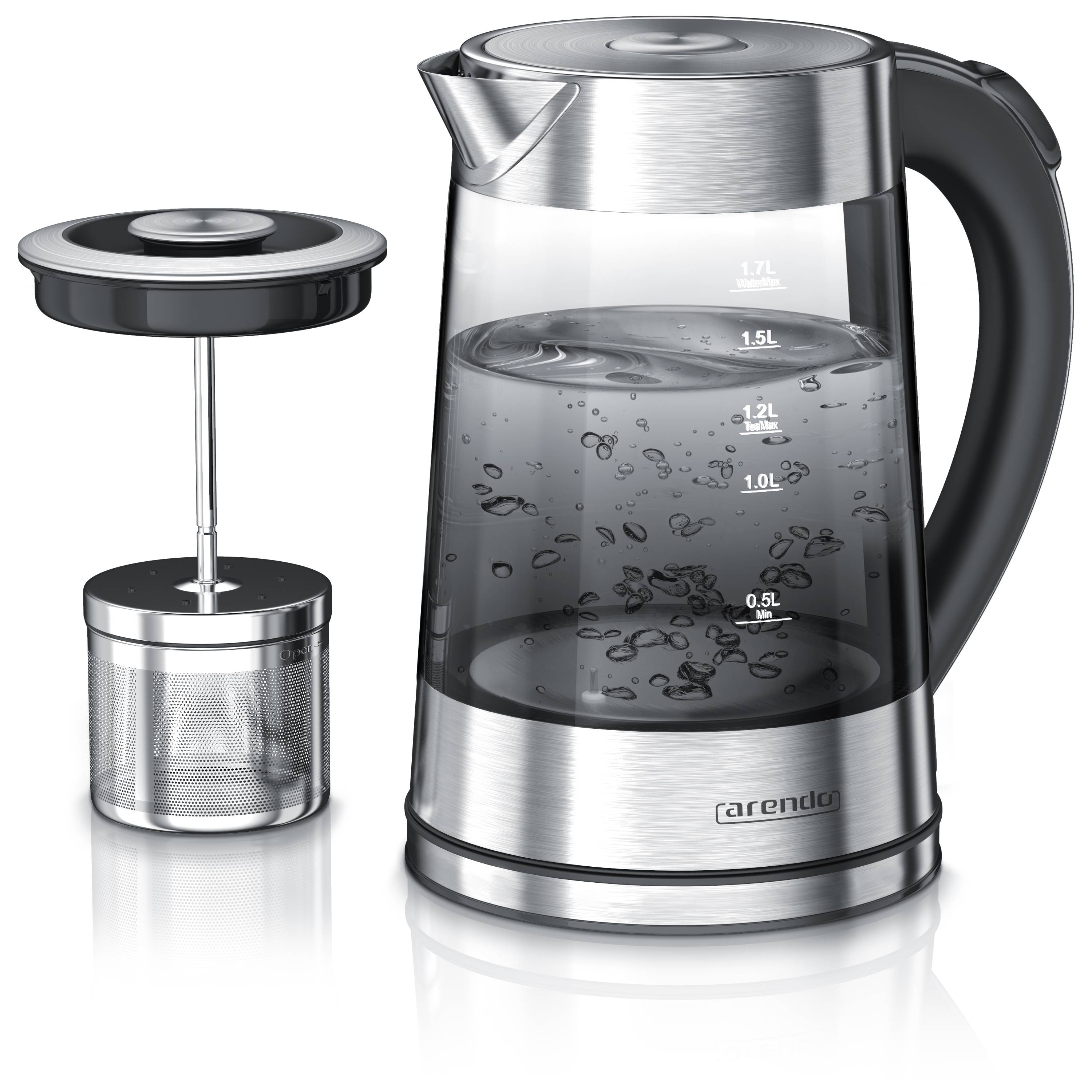 Arendo Edelstahl Glas Wasserkocher mit Teesieb und Rauchglas Teekocher Infusion 1,7 l, 2200 W, gebürstet, Kunststoff