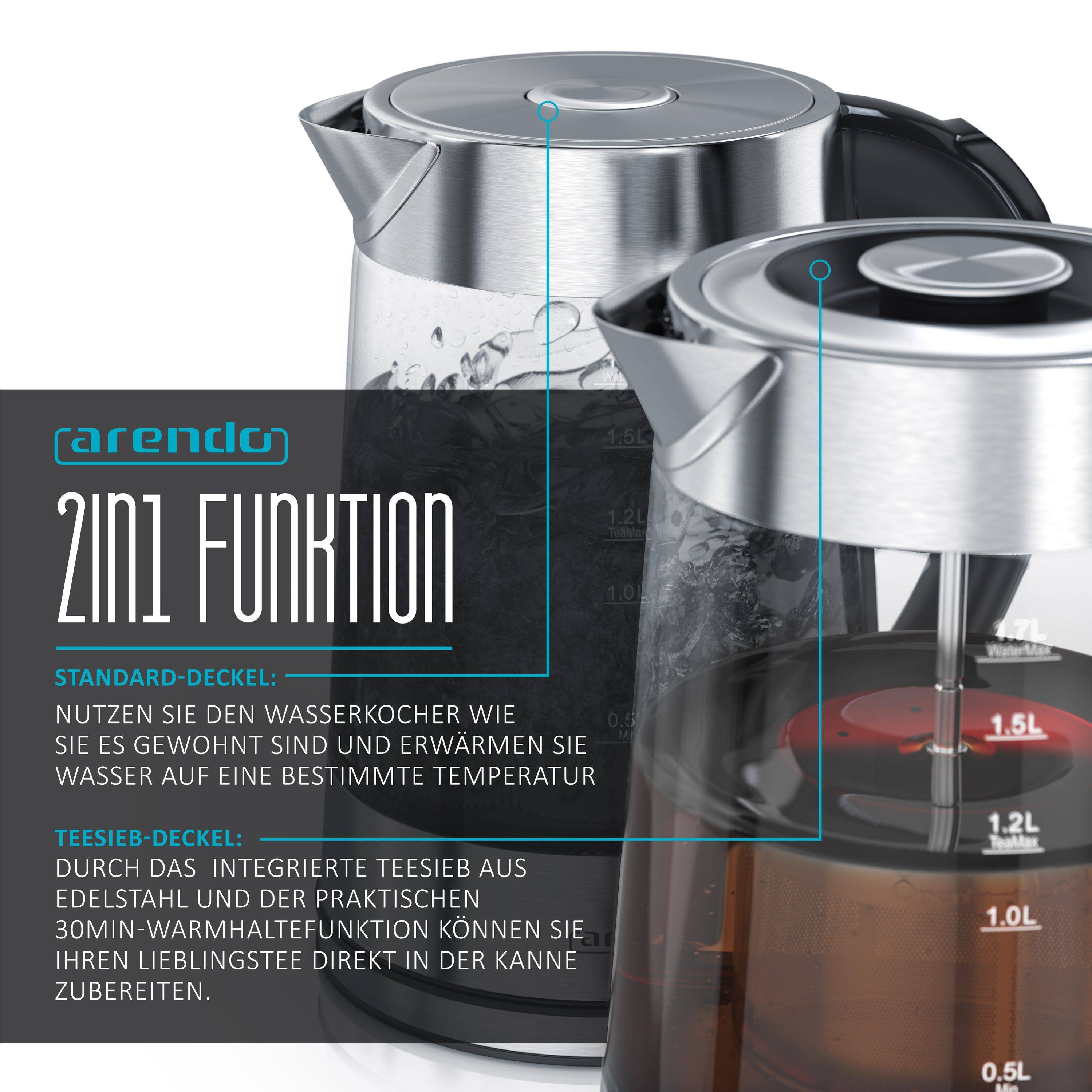 Arendo Edelstahl Glas Wasserkocher mit Teesieb und Rauchglas Teekocher Infusion 1,7 l, 2200 W, gebürstet, Kunststoff