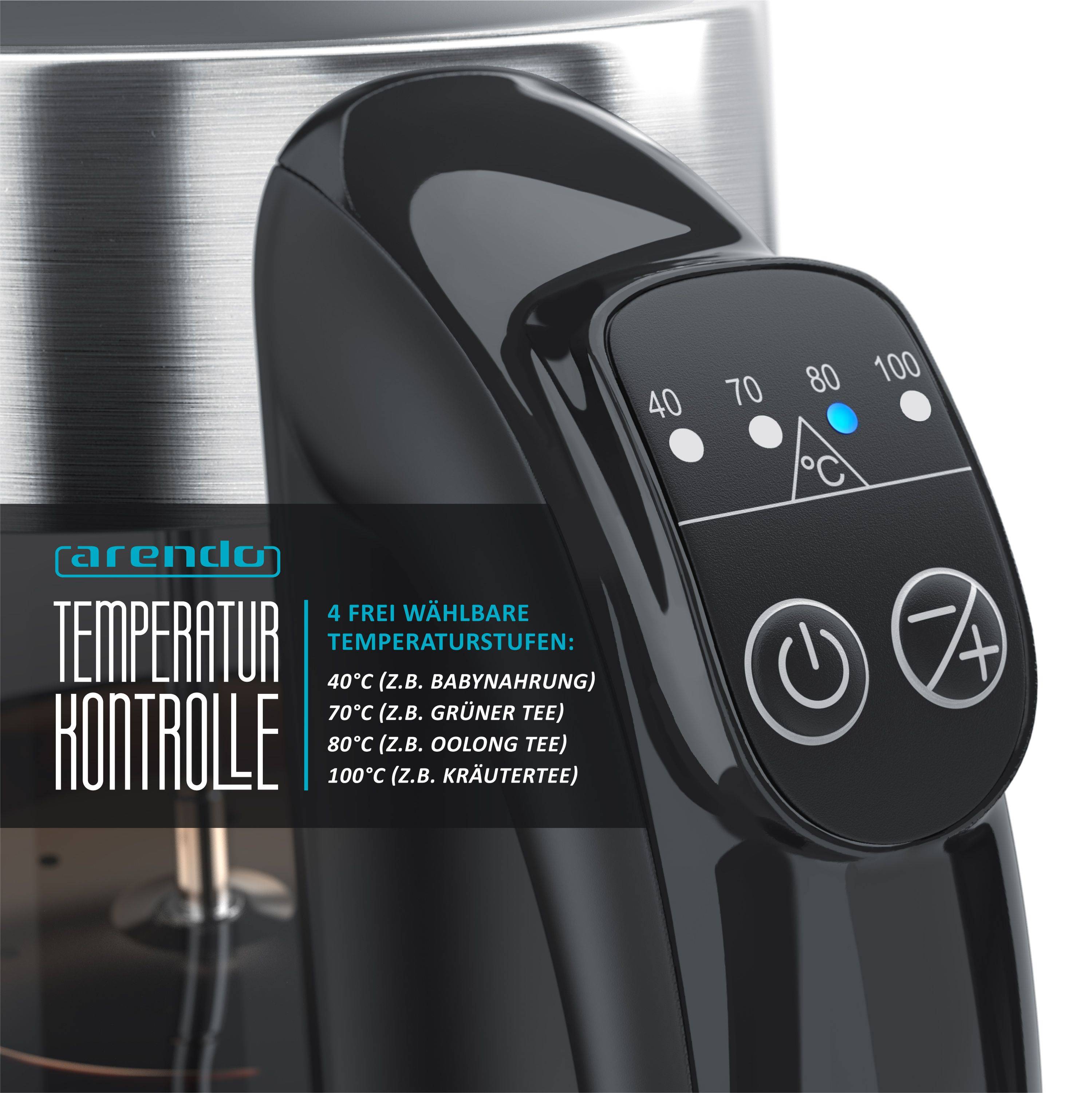 Arendo Edelstahl Glas Wasserkocher mit Teesieb und Rauchglas Teekocher Infusion 1,7 Liter