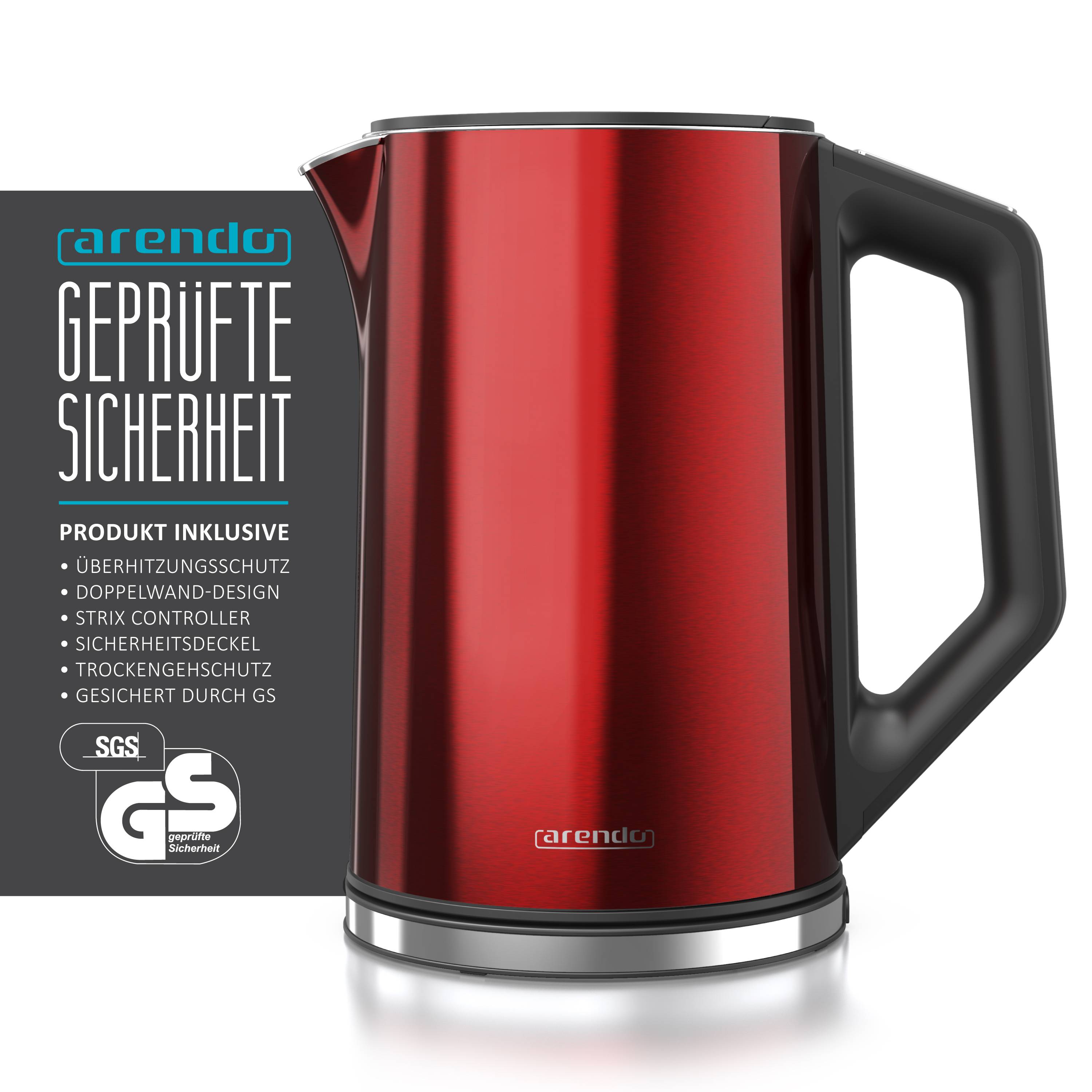Arendo Wasserkocher 1,5 l 2200 W, Edelstahl, Doppelwand, Temperaturwahl 40 - 100°C mit Anzeige, rot
