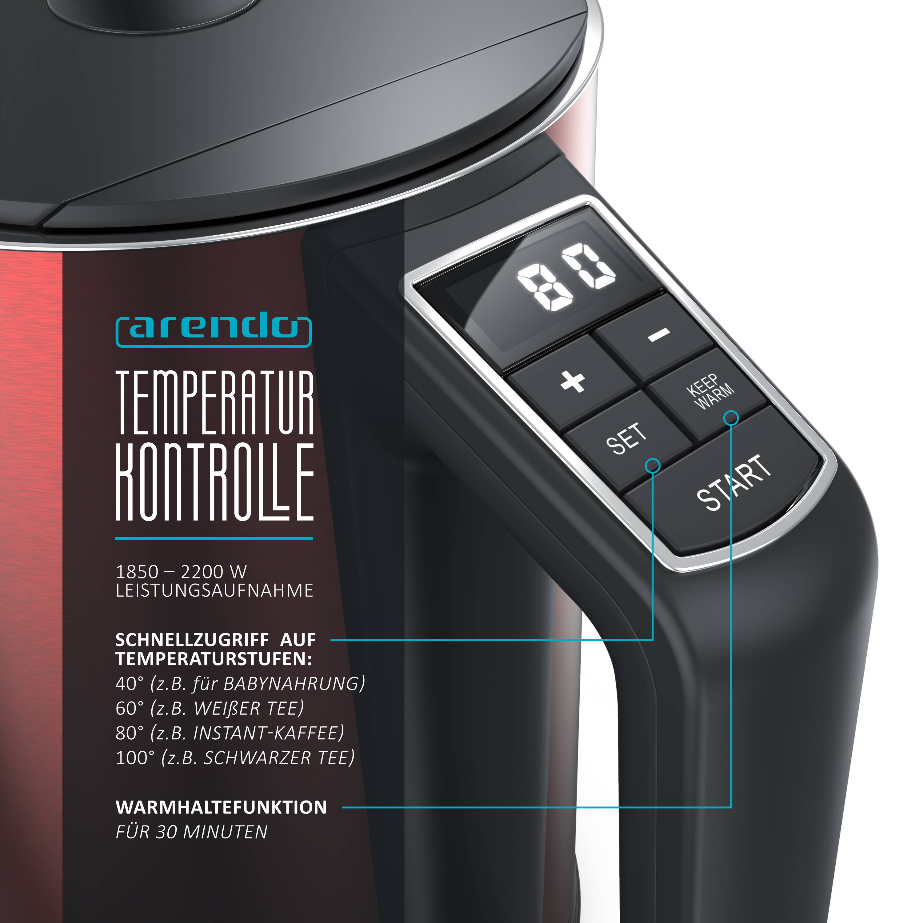Arendo Wasserkocher 1,5 l 2200 W, Edelstahl, Doppelwand, Temperaturwahl 40 - 100°C mit Anzeige, rot