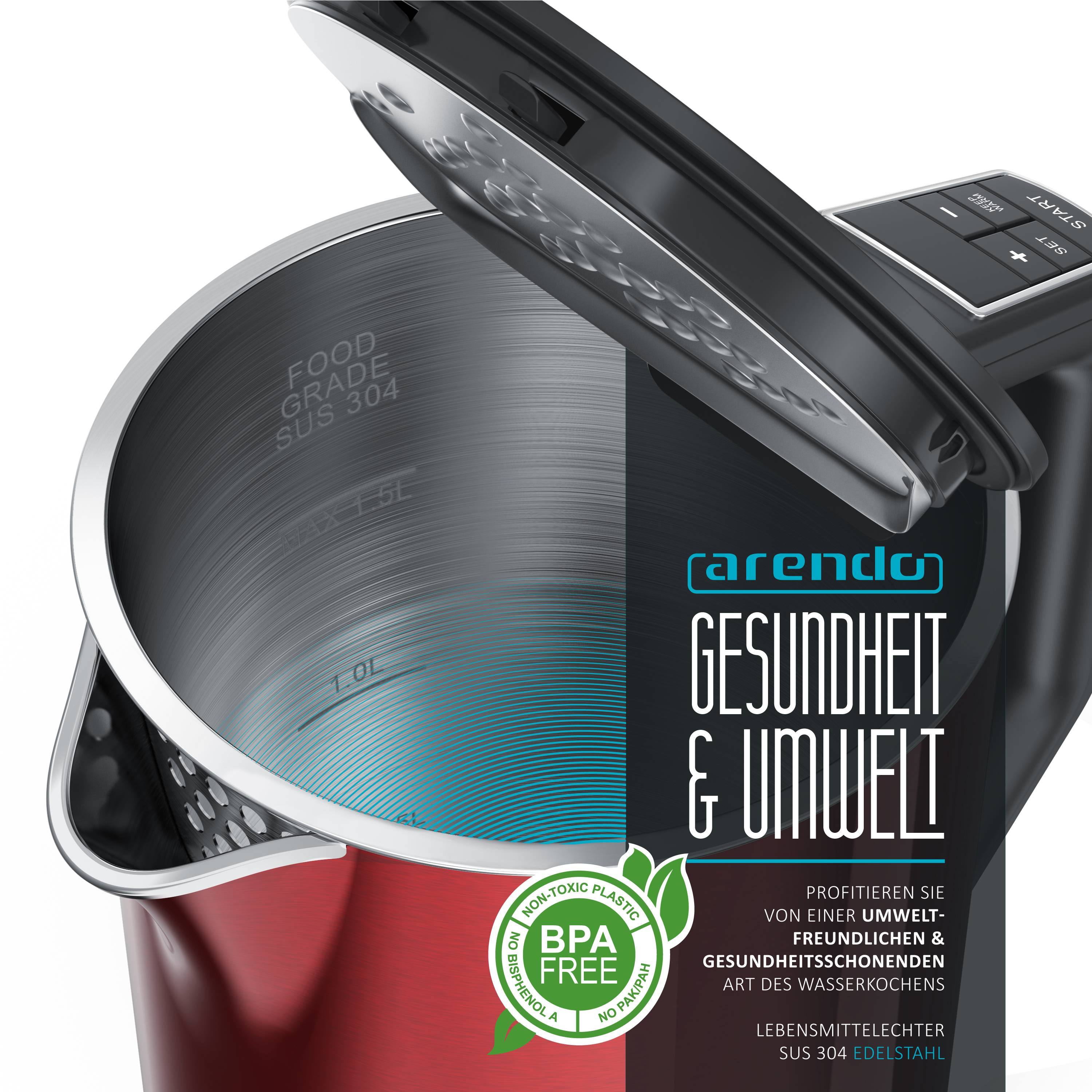 Arendo Wasserkocher 1,5 l 2200 W, Edelstahl, Doppelwand, Temperaturwahl 40 - 100°C mit Anzeige, rot