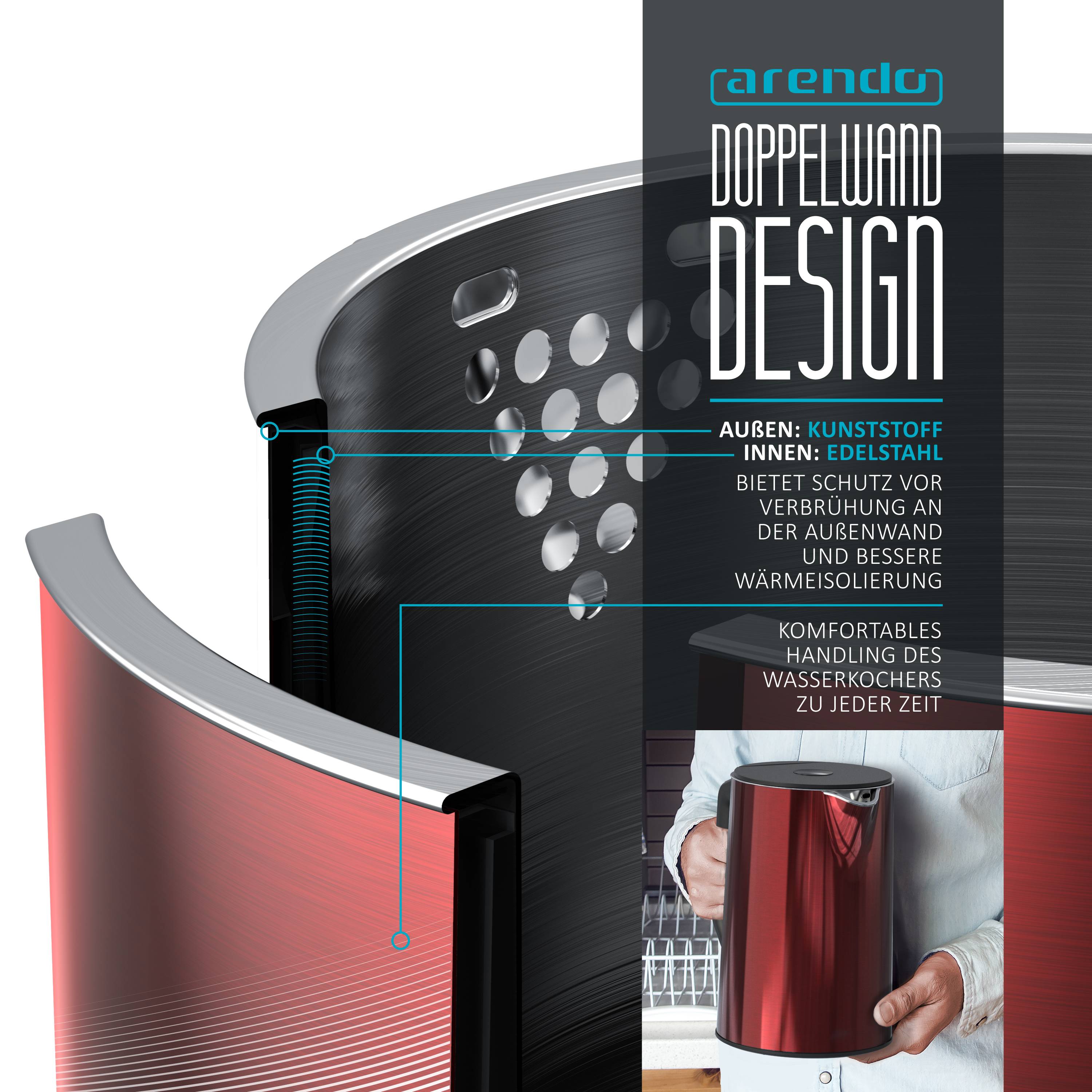 Arendo Wasserkocher 1,5 l 2200 W, Edelstahl, Doppelwand, Temperaturwahl 40 - 100°C mit Anzeige, rot