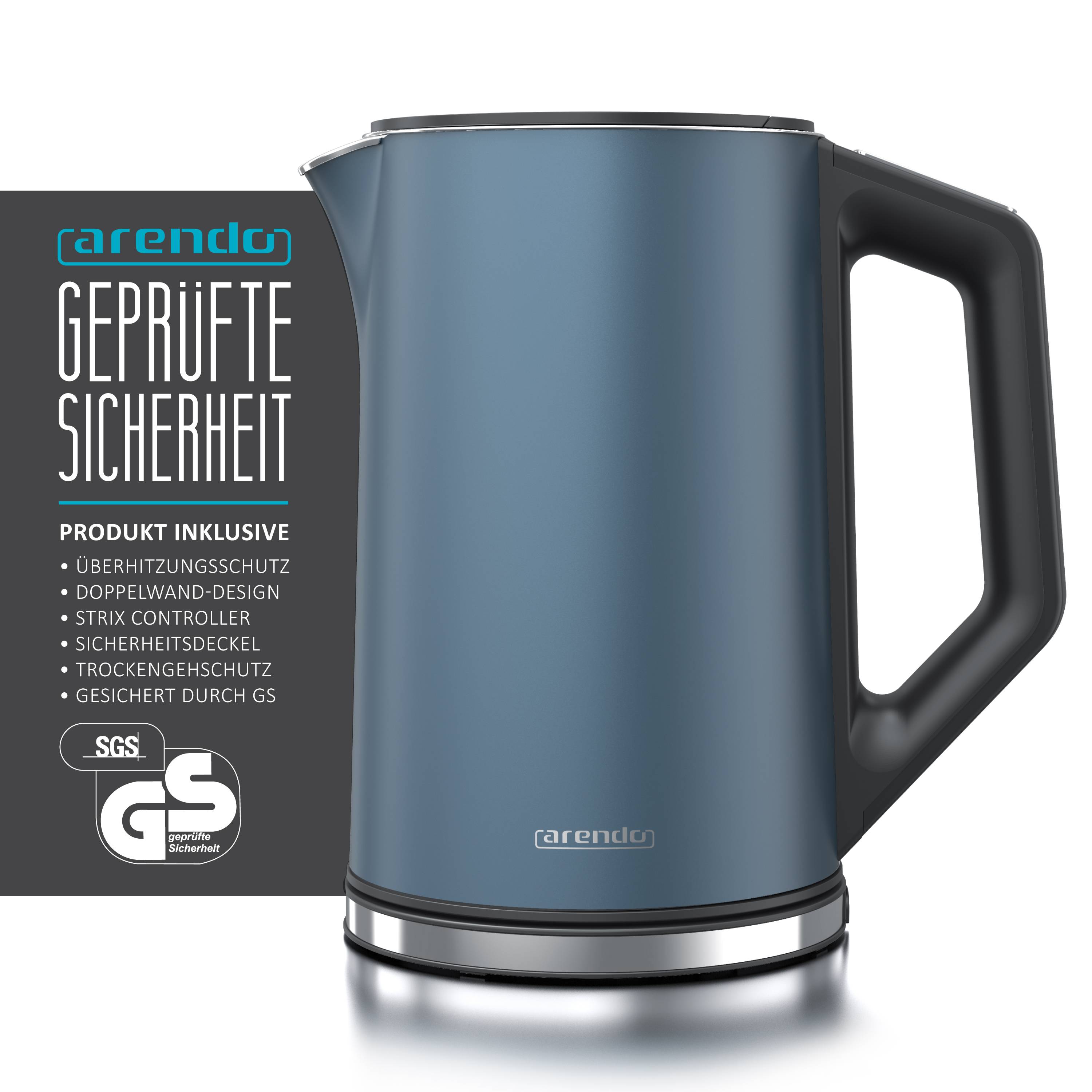 Arendo Wasserkocher 1,5 Liter 2200 W, Edelstahl, Doppelwand, Temperaturwahl 40-100°C mit Anzeige, blau matt