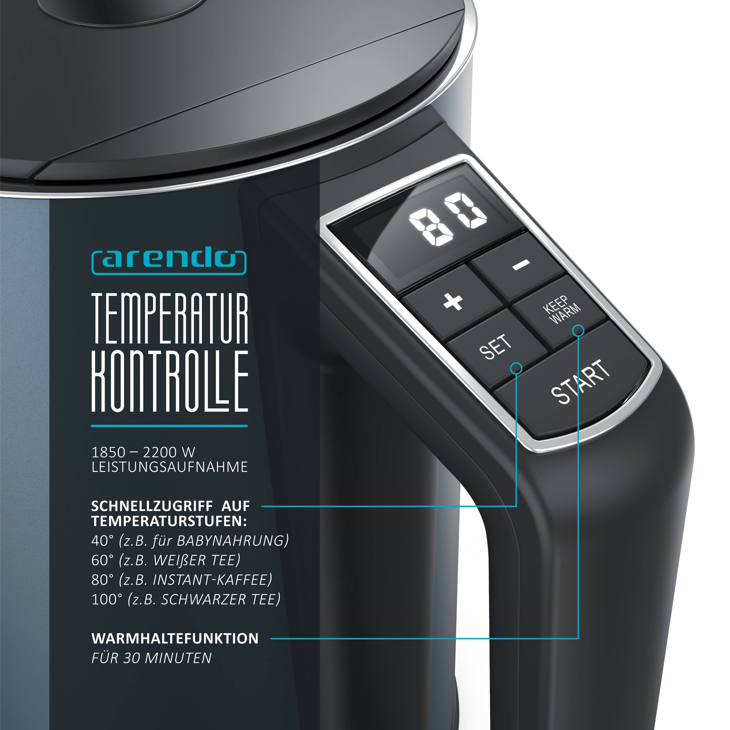 Arendo Wasserkocher 1,5 Liter 2200 W, Edelstahl, Doppelwand, Temperaturwahl 40-100°C mit Anzeige, blau matt
