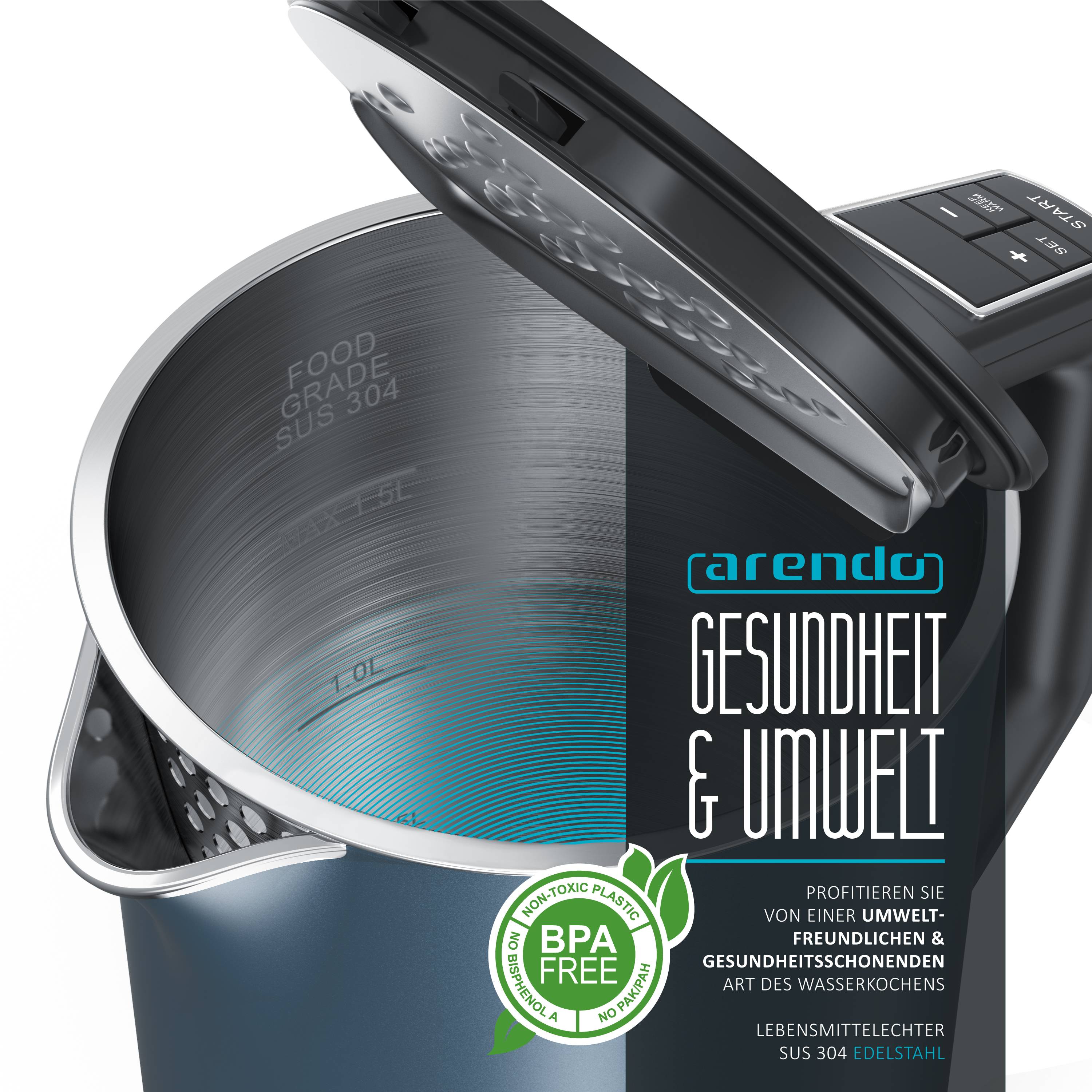 Arendo Wasserkocher 1,5 l 2200 W, Edelstahl, Doppelwand, Temperaturwahl 40 - 100°C mit Anzeige, blau matt