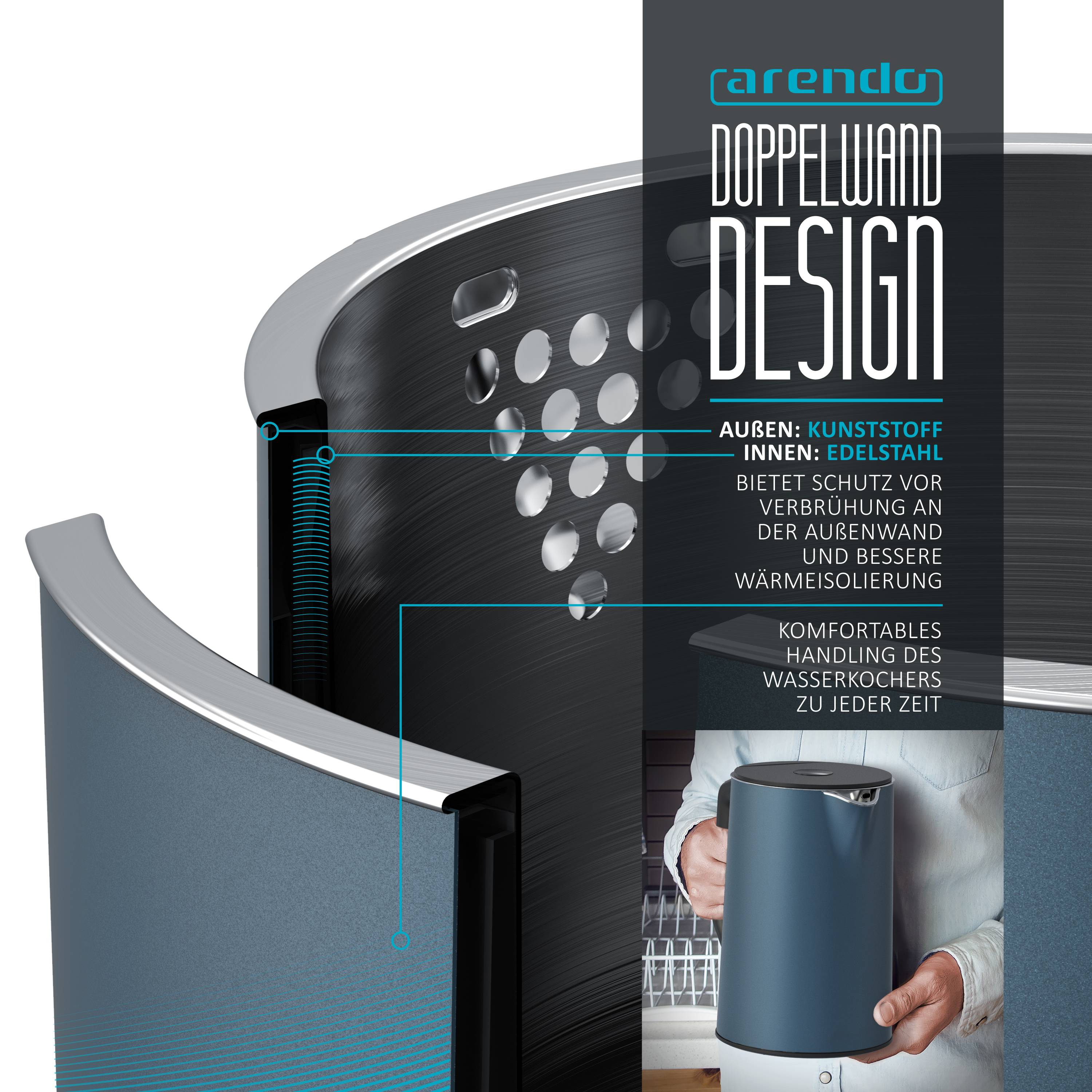 Arendo Wasserkocher 1,5 l 2200 W, Edelstahl, Doppelwand, Temperaturwahl 40 - 100°C mit Anzeige, blau matt