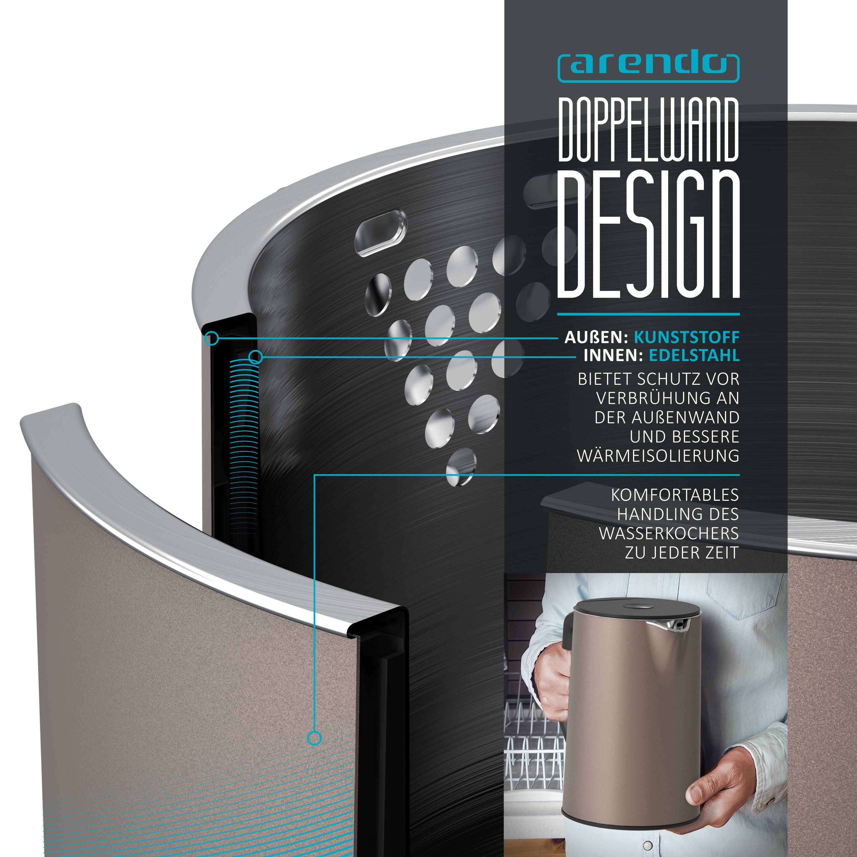 Arendo Wasserkocher 1,5 l 2200 W, Edelstahl, Doppelwand, Temperaturwahl 40 - 100°C mit Anzeige, beige