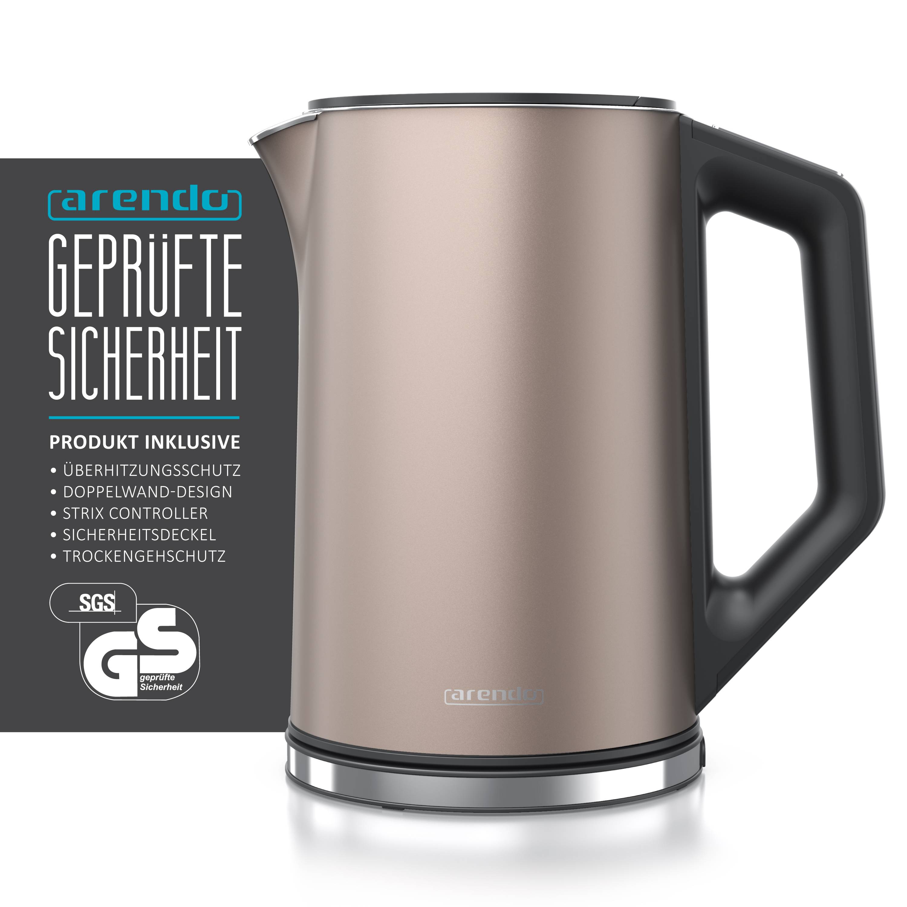 Arendo Wasserkocher 1,5 l 2200 W, Edelstahl, Doppelwand, Temperaturwahl 40-100°C mit Anzeige, beige, 13 Temperaturstufen