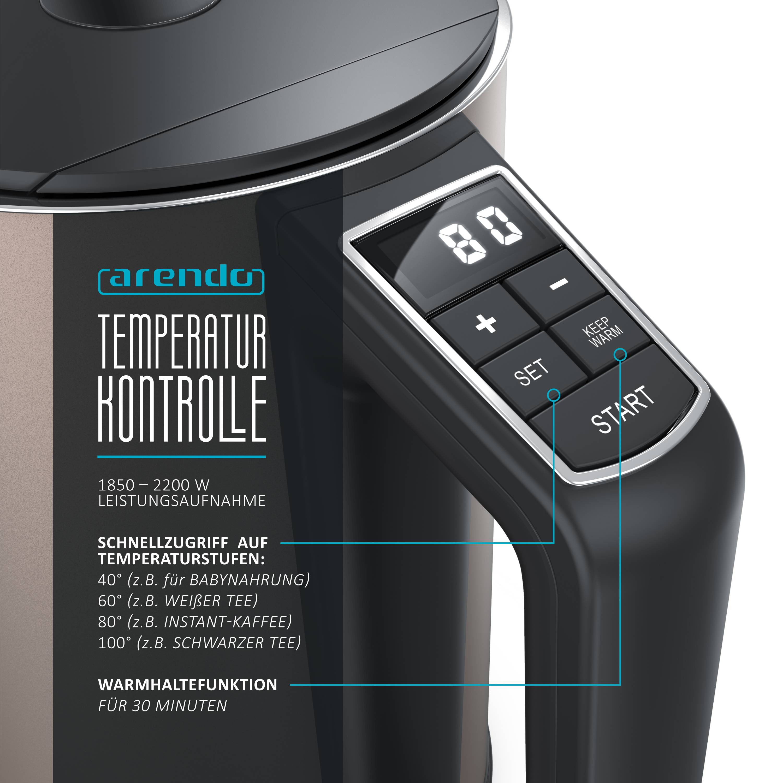 Arendo Wasserkocher 1,5 l 2200 W, Edelstahl, Doppelwand, Temperaturwahl 40 - 100°C mit Anzeige, beige