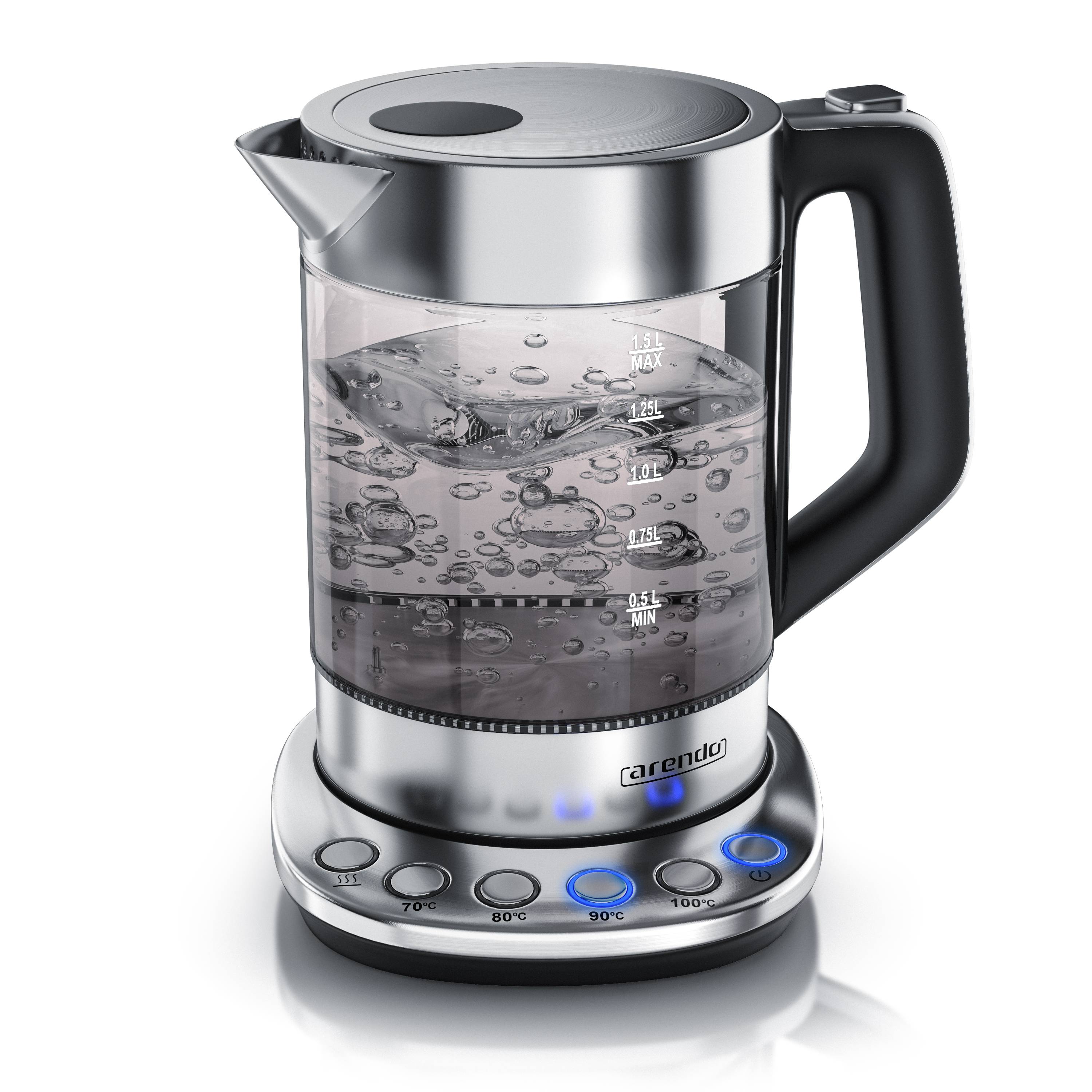 Arendo Wasserkocher 1,5 l, 2200 W, Edelstahl Glas, mit Basisstation & Temperaturwahl 70°C-100°C, Wasserstandsanzeige
