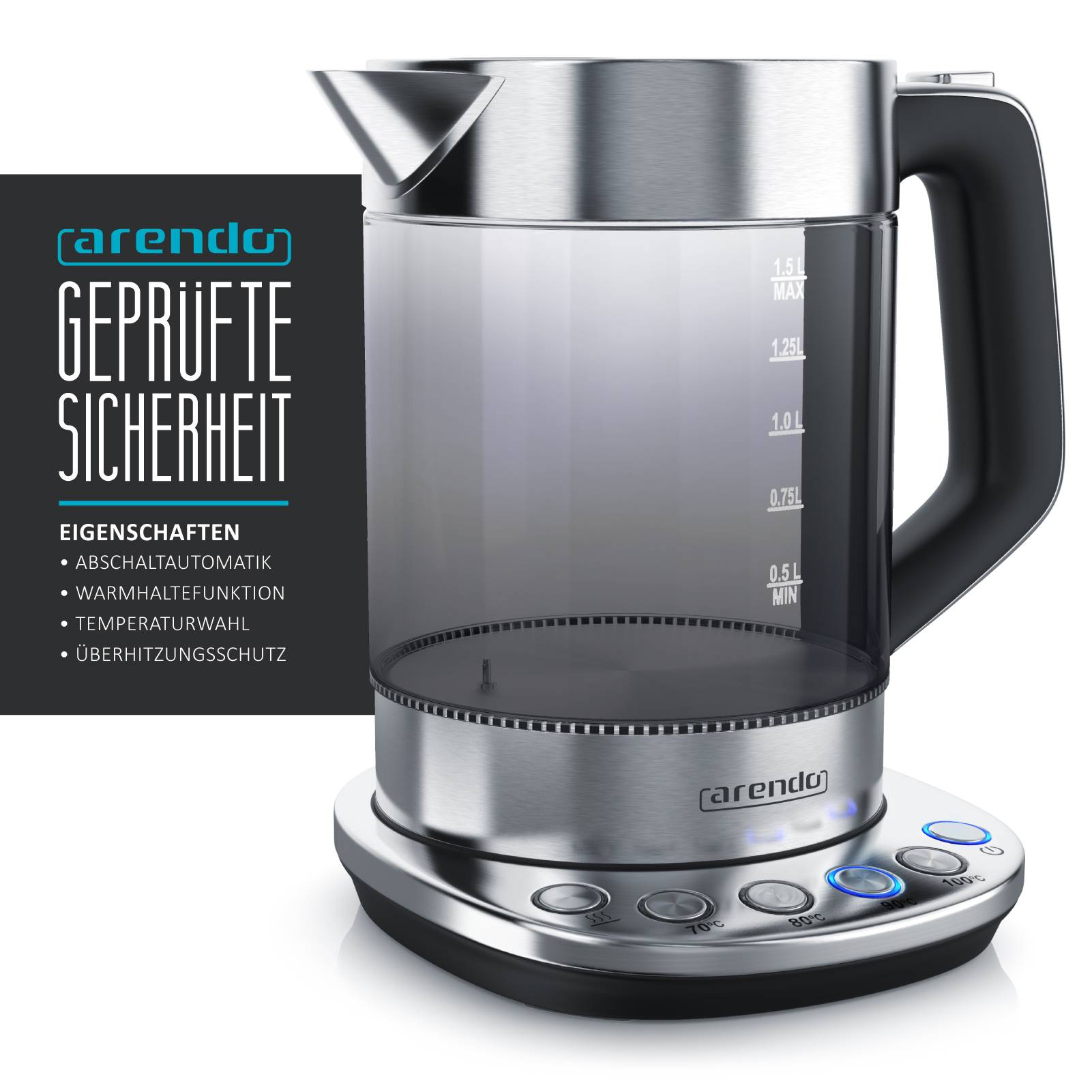 Arendo Wasserkocher 1,5 l, 2200 W, Edelstahl Glas, mit Basisstation & Temperatureinstellung 70°C - 100°C