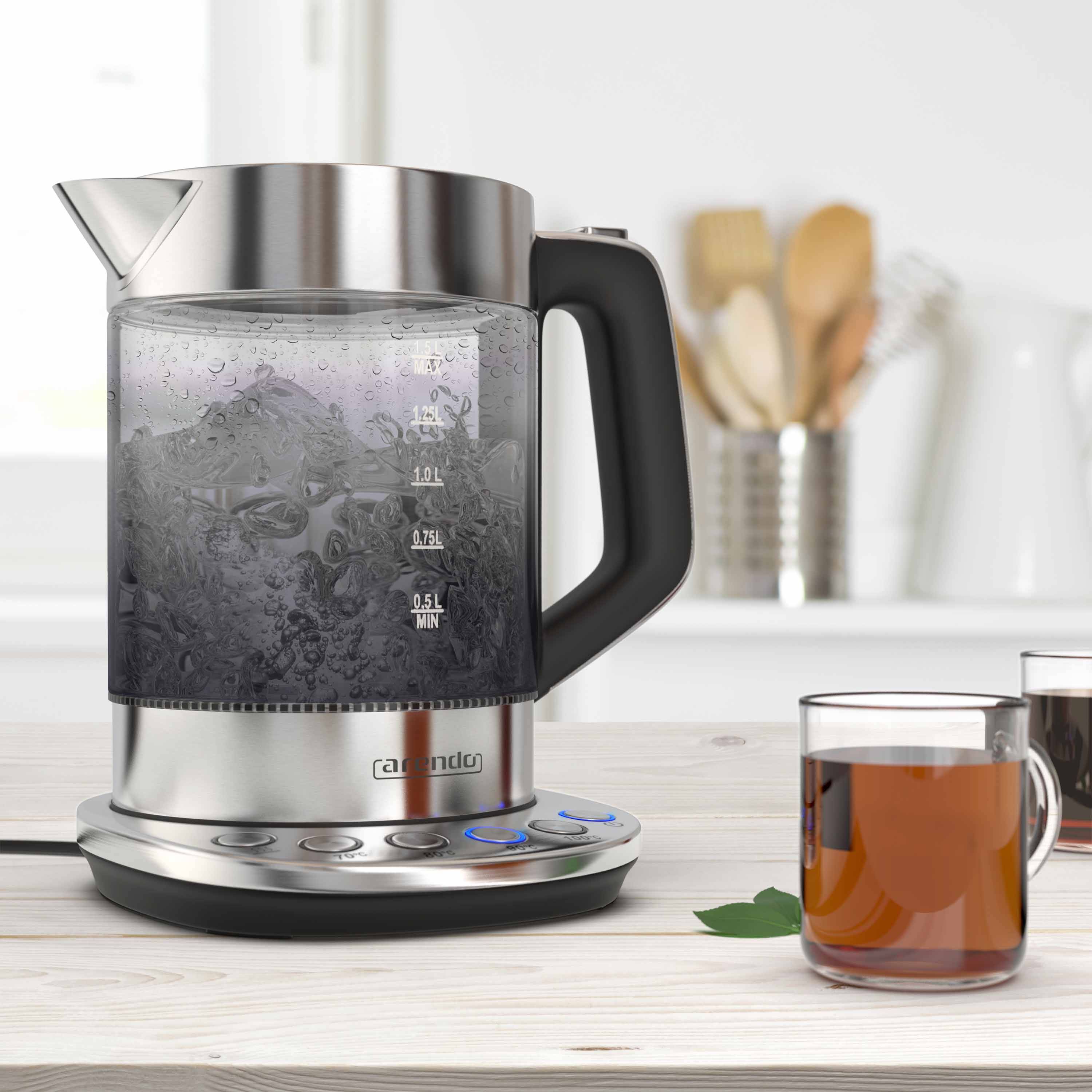 Arendo Wasserkocher 1,5 l, 2200 W, Edelstahl Glas, mit Basisstation & Temperatureinstellung 70°C - 100°C