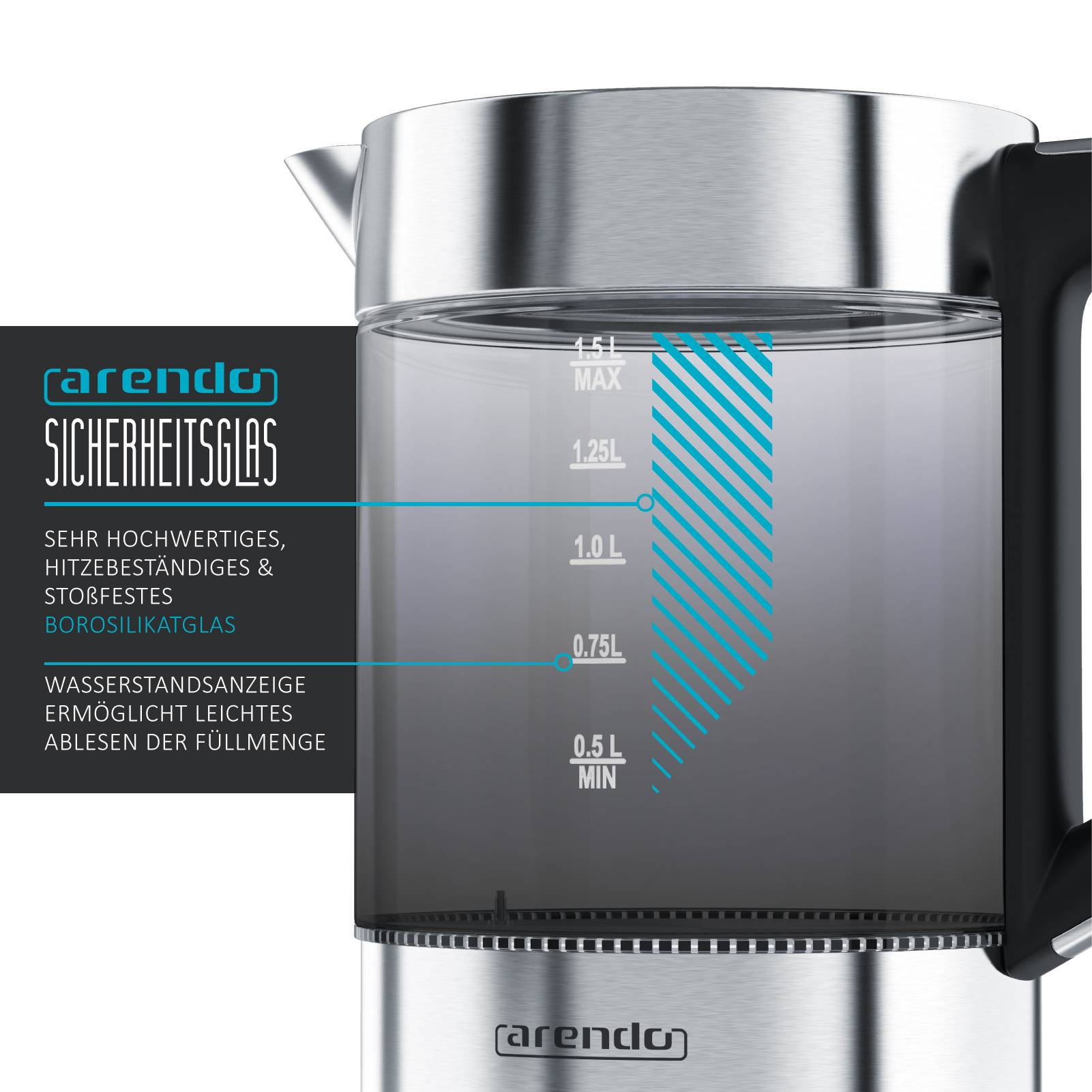 Arendo Wasserkocher 1,5 l, 2200 W, Edelstahl Glas, mit Basisstation &amp; Temperaturwahl 70°C-100°C, Wasserstandsanzeige