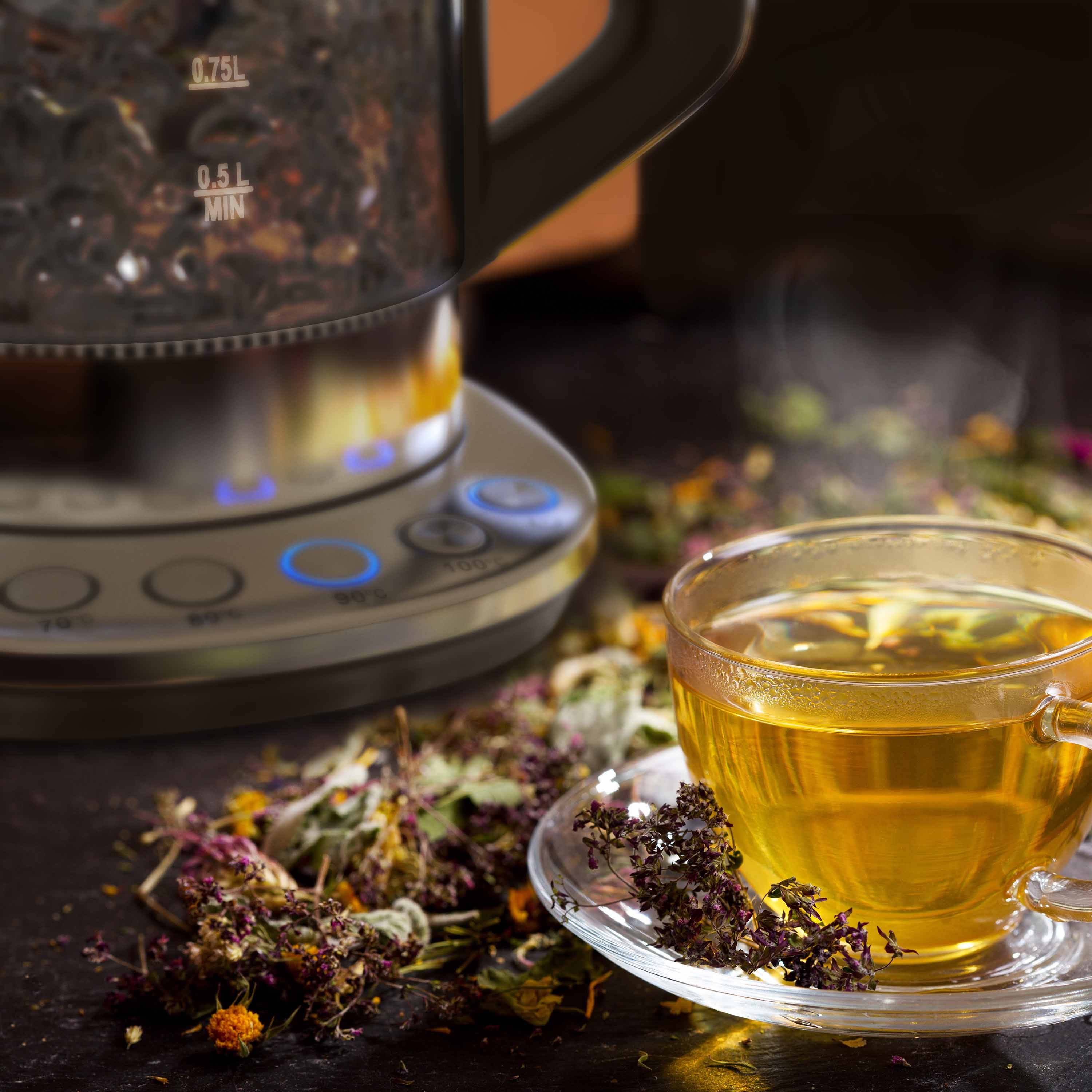 Arendo Wasserkocher 1,5 l, 2200 W, Edelstahl Glas, mit Basisstation & Temperatureinstellung 70°C - 100°C