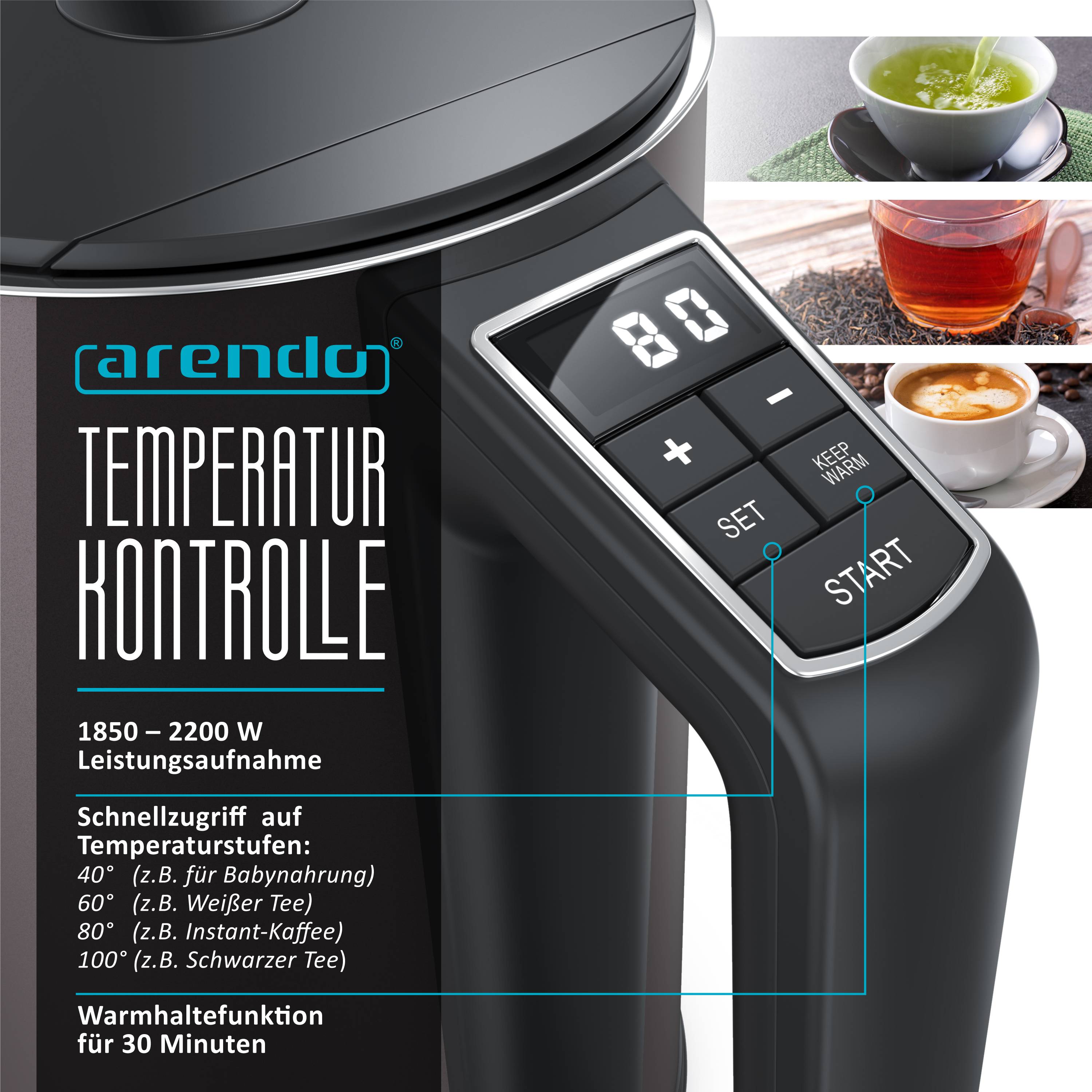 Arendo Wasserkocher 1,5 l 2200 W, Edelstahl, Doppelwand, Temperaturwahl 40 - 100°C mit Anzeige, vulkangrau