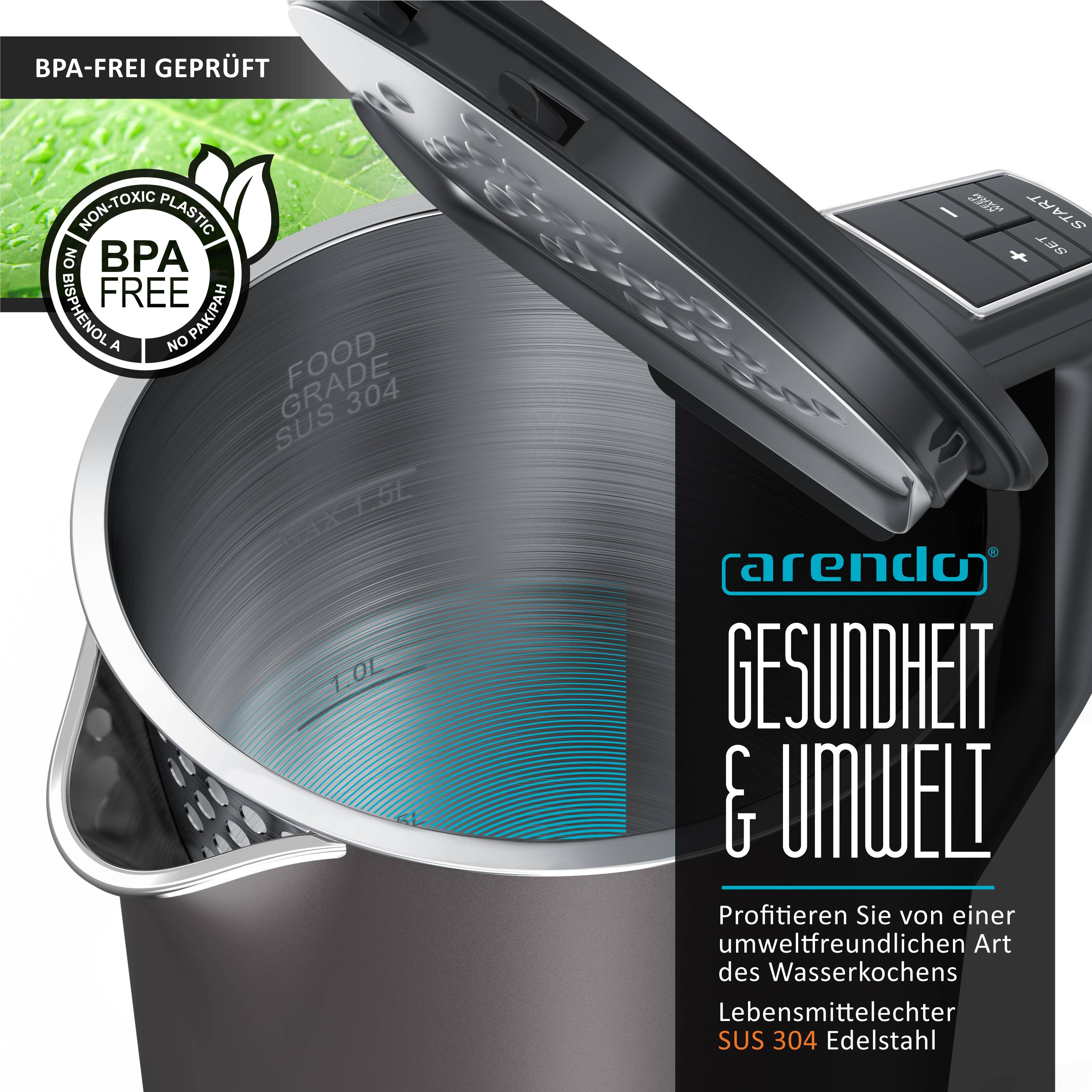Arendo Wasserkocher 1,5 l 2200 W, Edelstahl, Doppelwand, Temperaturwahl 40 - 100°C mit Anzeige, vulkangrau