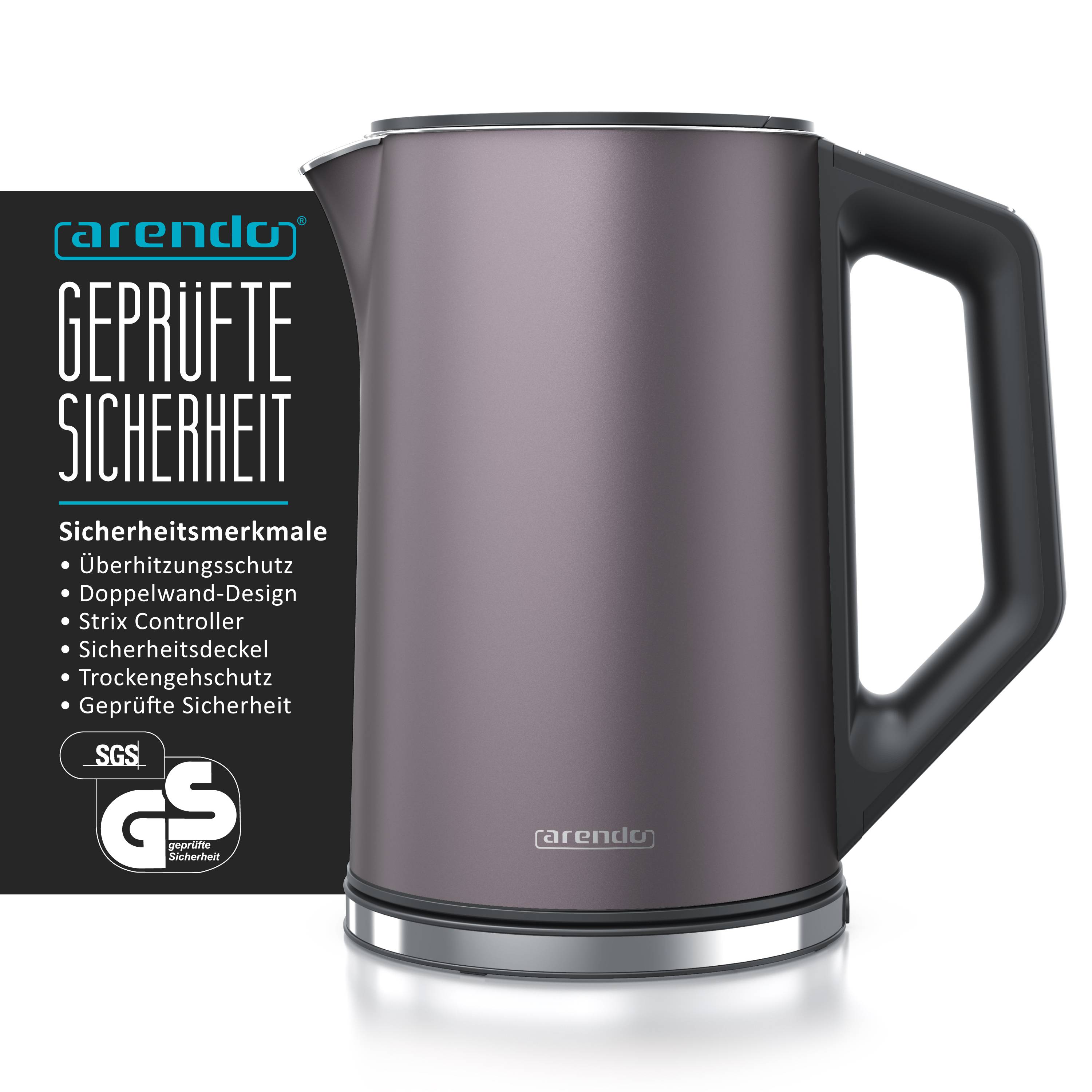 Arendo Wasserkocher 1,5 l 2200 W, Edelstahl, Doppelwand, Temperaturwahl 40 - 100°C mit Anzeige, vulkangrau